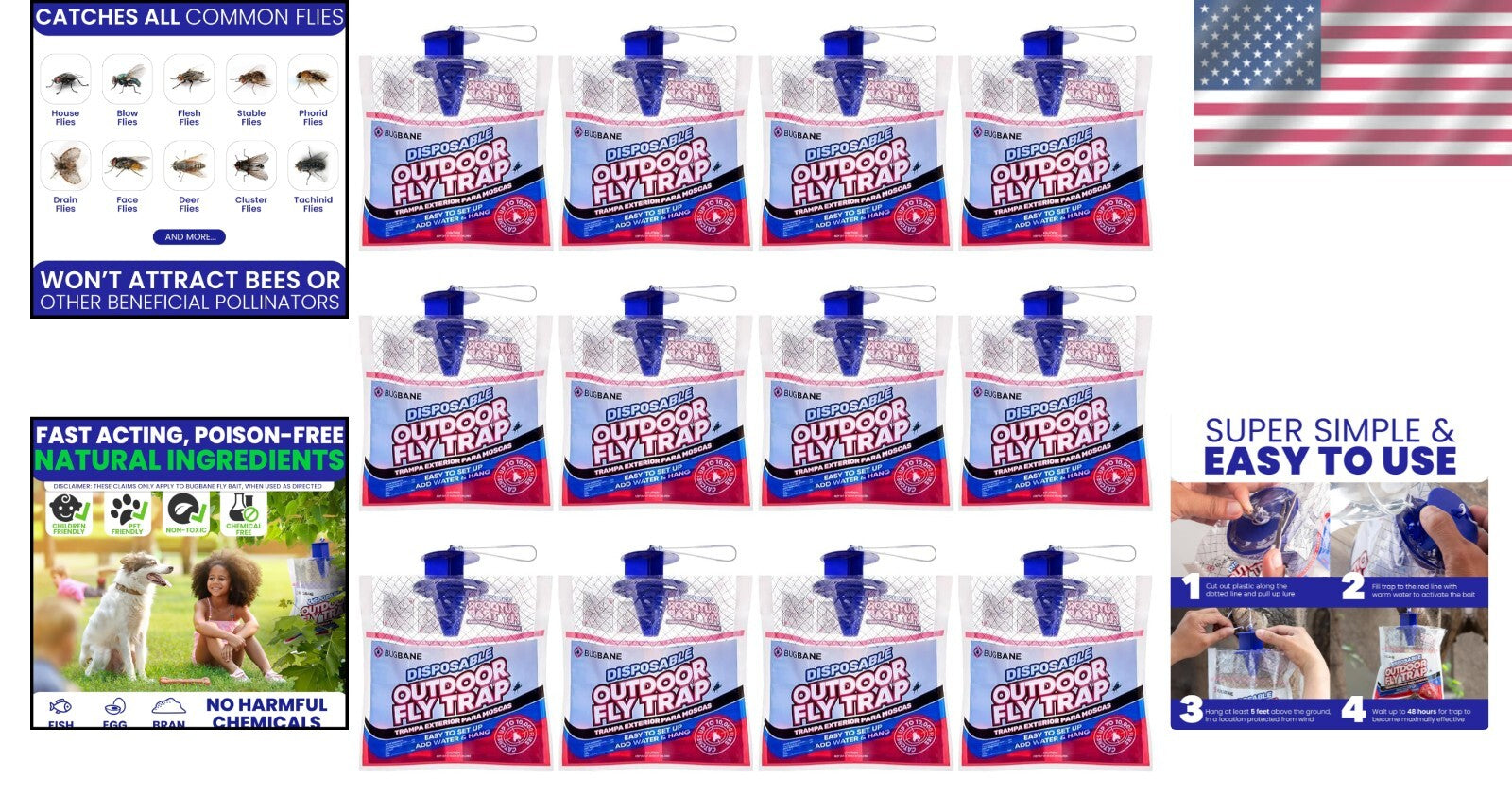 Easy Setup Fly Trap Bags - 12 Non-Toxic Hanging Lures for Outdoor Pest Control