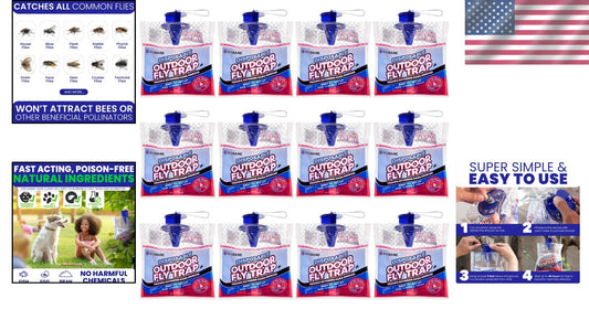 Easy Setup Fly Trap Bags - 12 Non-Toxic Hanging Lures for Outdoor Pest Control