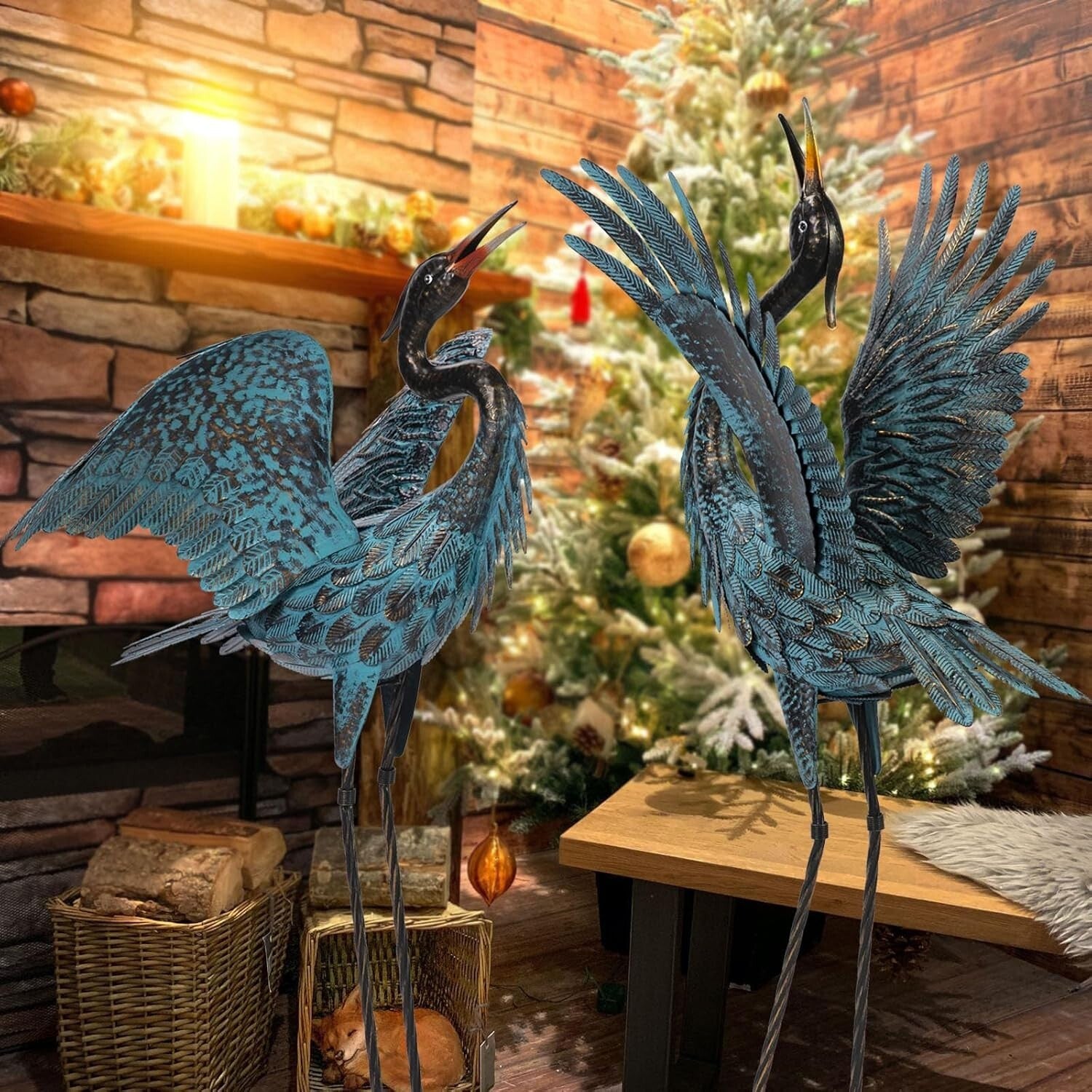 Vivid Blue Metal Crane Statues - Stunning Outdoor Garden Decorations Set