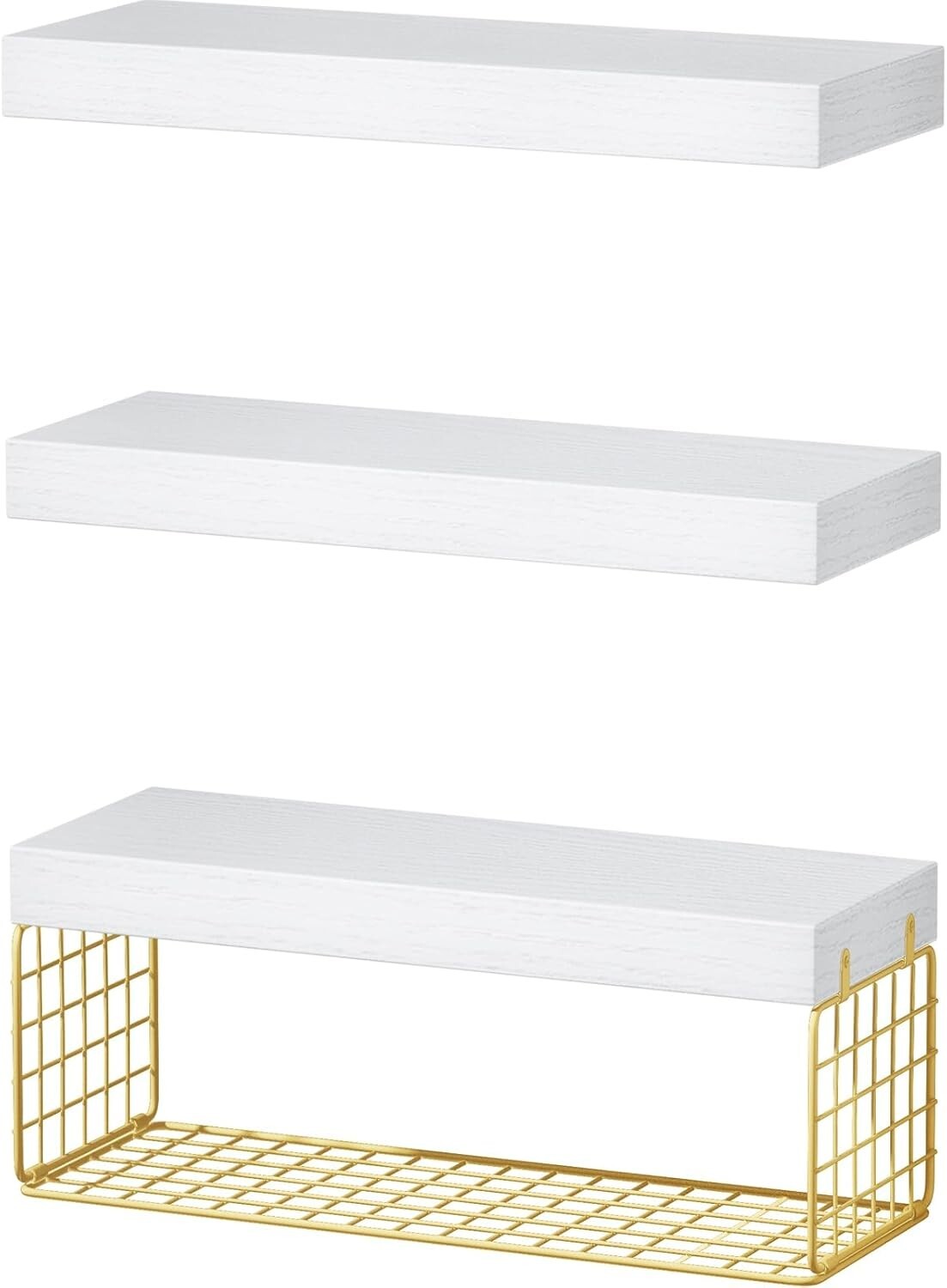 Gold and White Over Toilet Floating Shelves - 3-Piece Bathroom Organizer Set