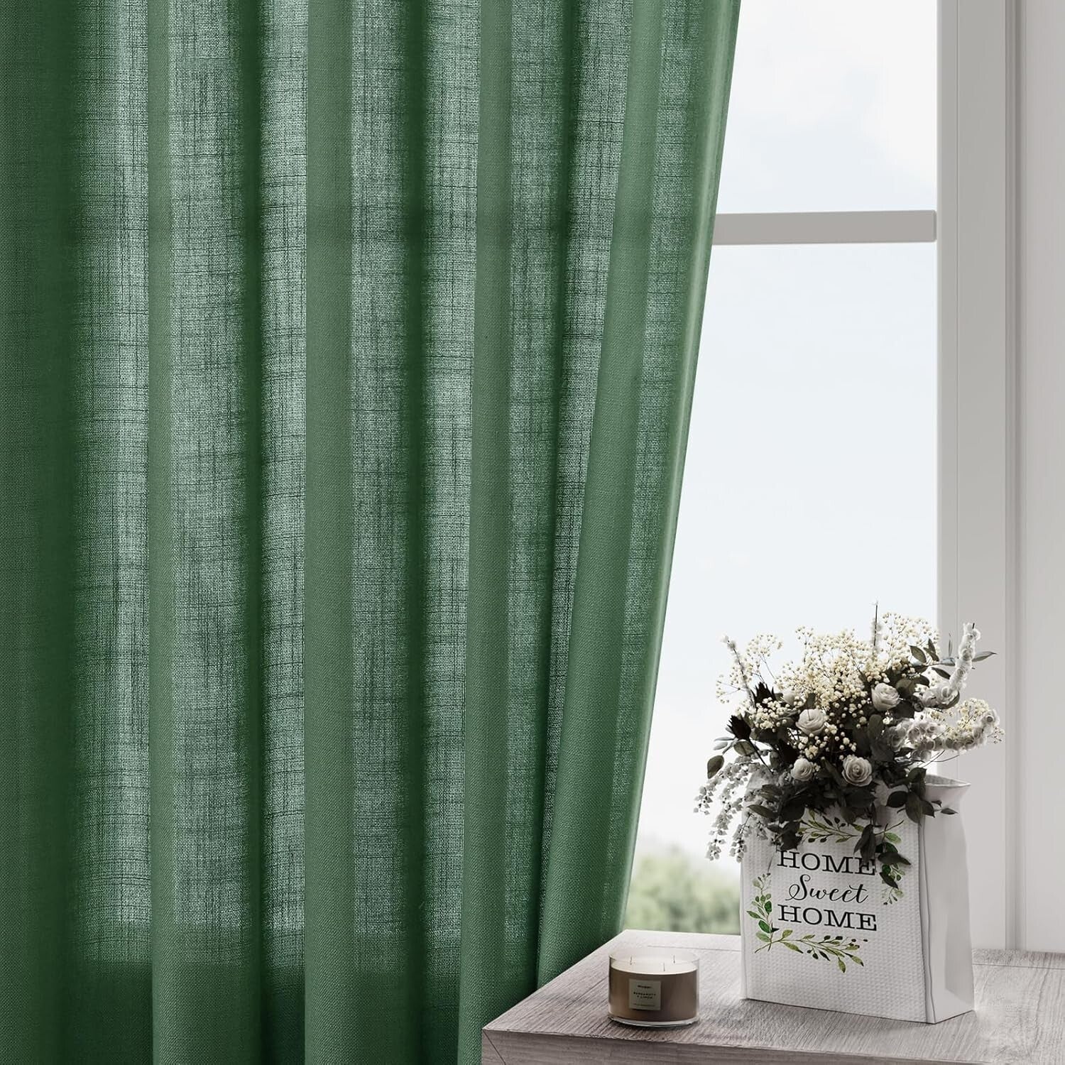 Charming 84" Back Tab Green Linen Curtains - 2 Panels for Modern Farmhouse Decor