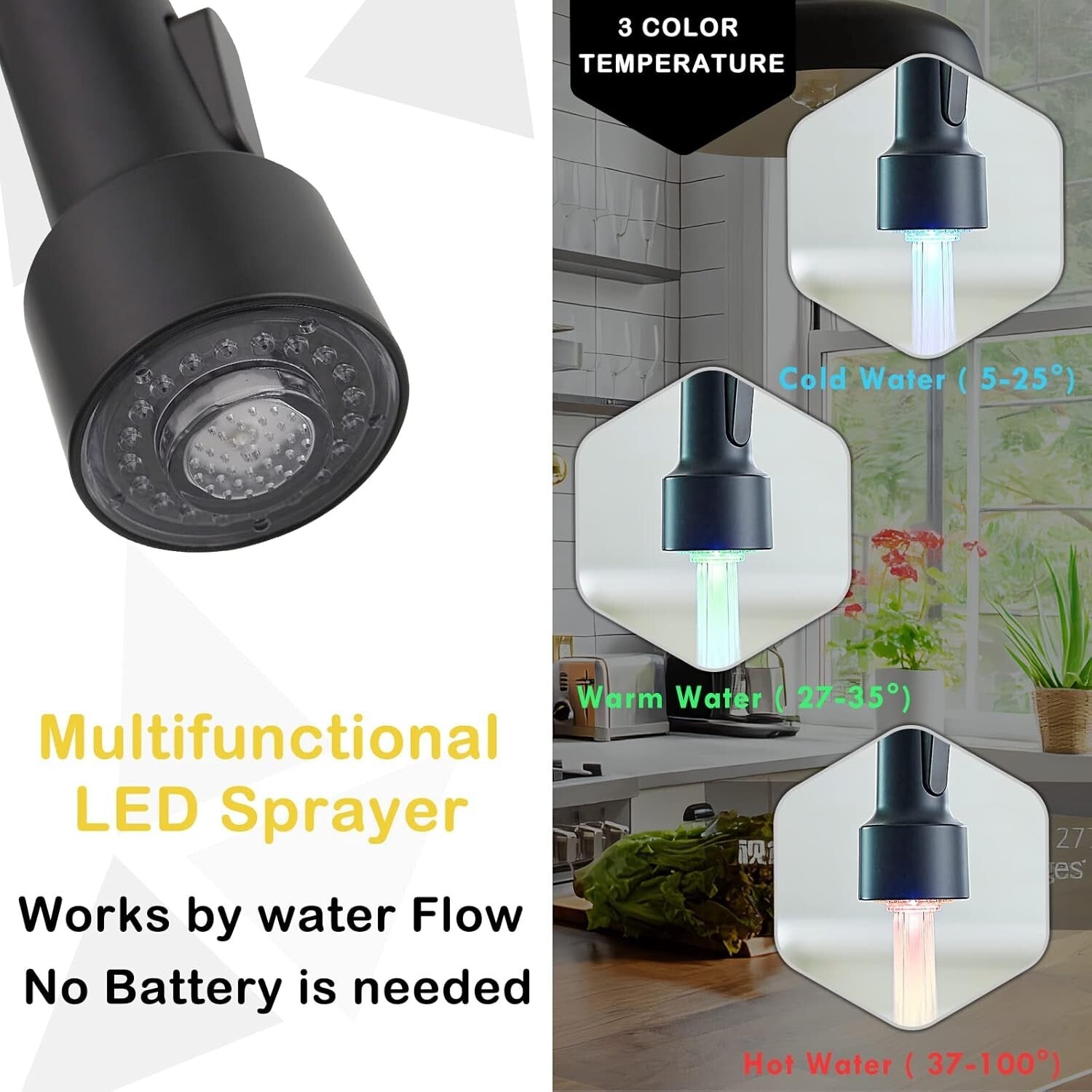 360-Degree Swivel Kitchen Faucet with Dual Function LED Sprayer for Modern Homes