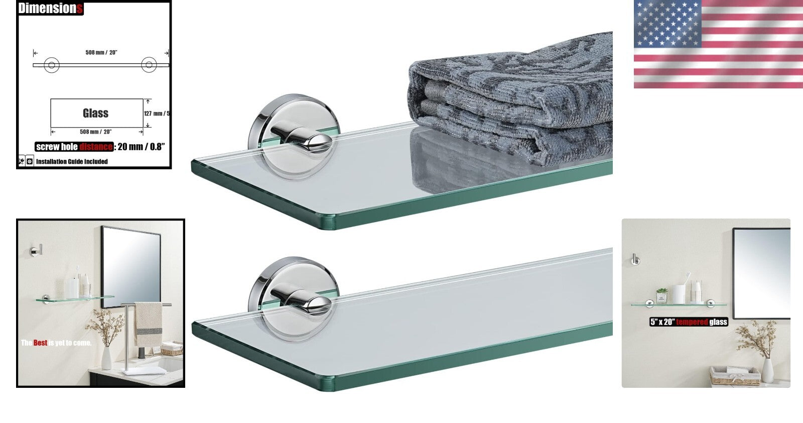 Durable Chrome Bathroom Glass Shelf - 20x5 Inches, Water-Resistant, Pack of 2