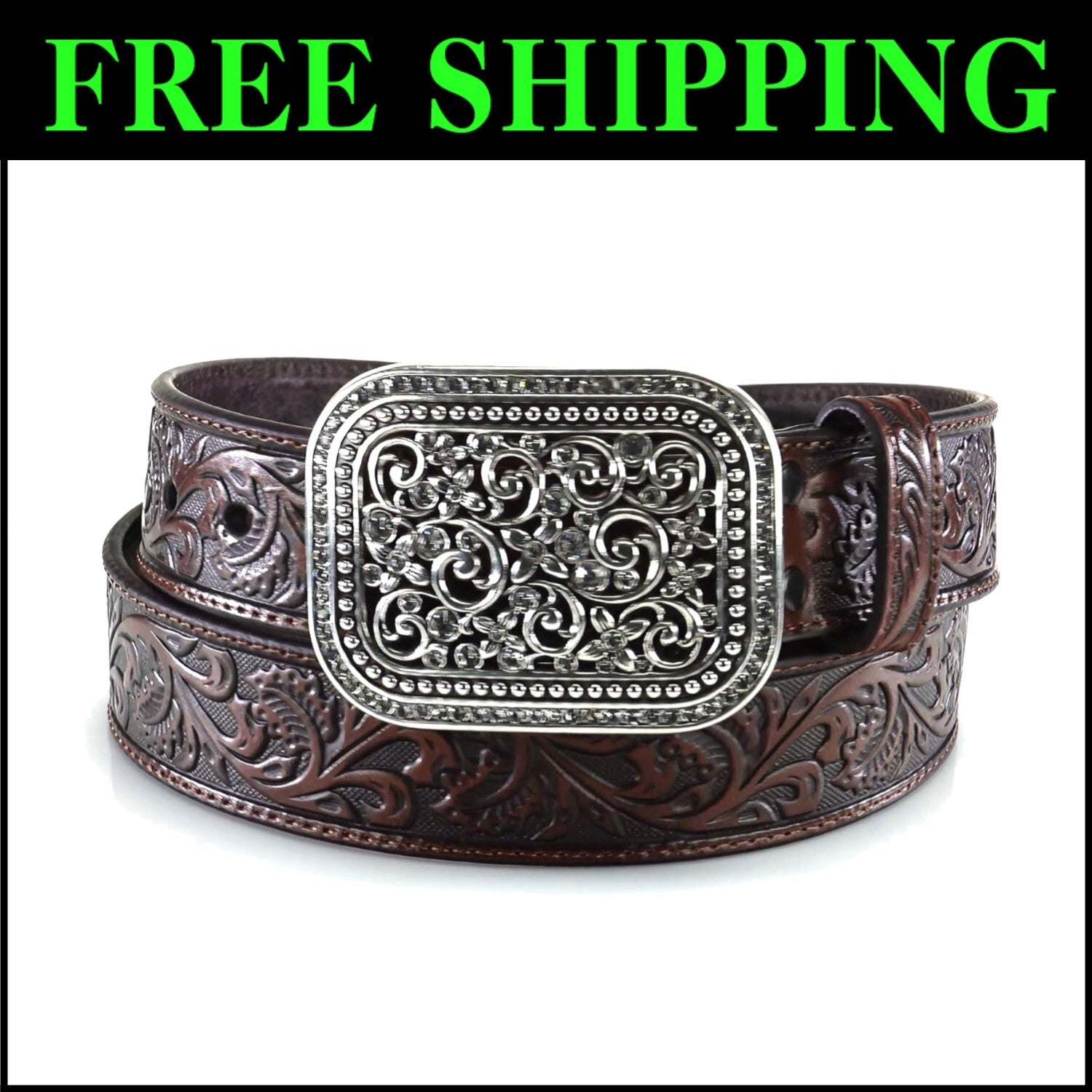 Comfortable Brown Embossed Leather Belt with Rhinestones for Women - 1.5" Wide