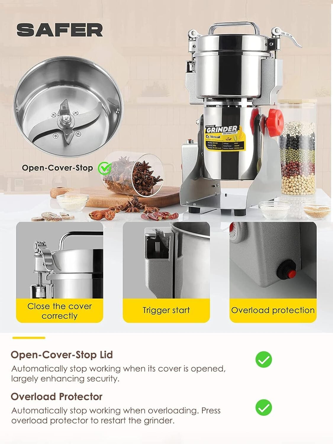 300g Commercial Spice & Grain Grinder - 220V Swing Design with Auto Protection