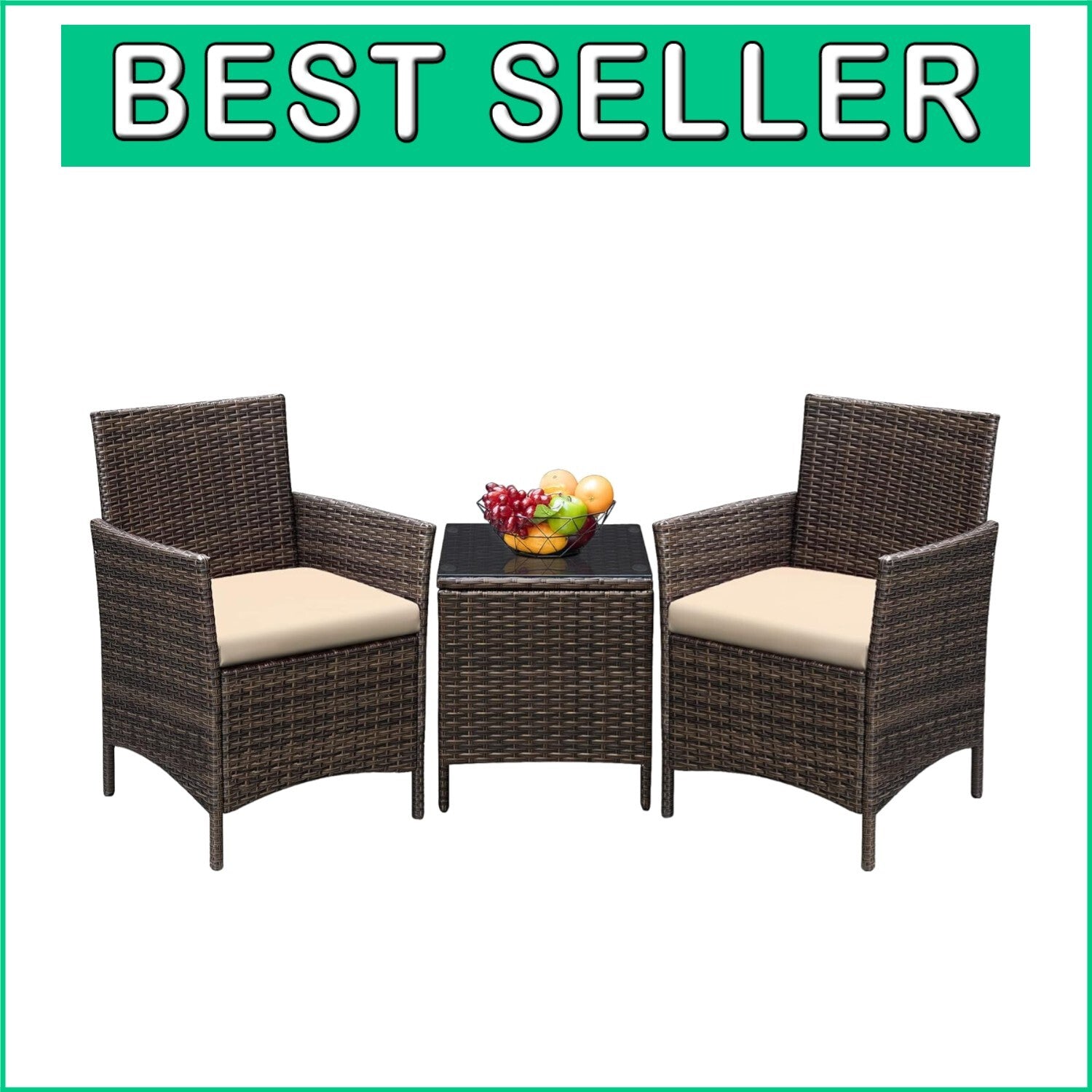 Lightweight 3-Piece Rattan Chair Set with Comfortable Cushions and Glass Table