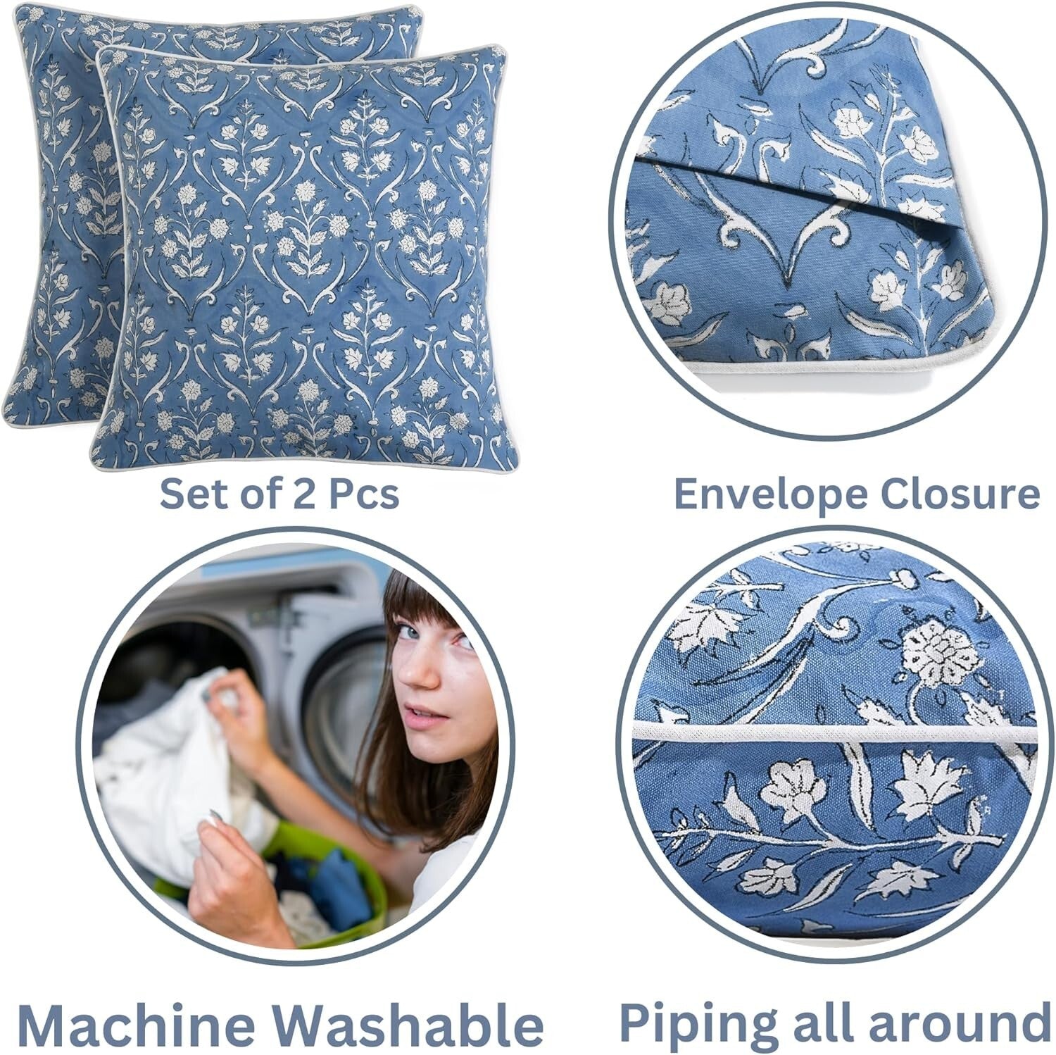 Set of 2 Baby Blue Floral Cotton Throw Pillow Covers for Indoor/Outdoor Elegance