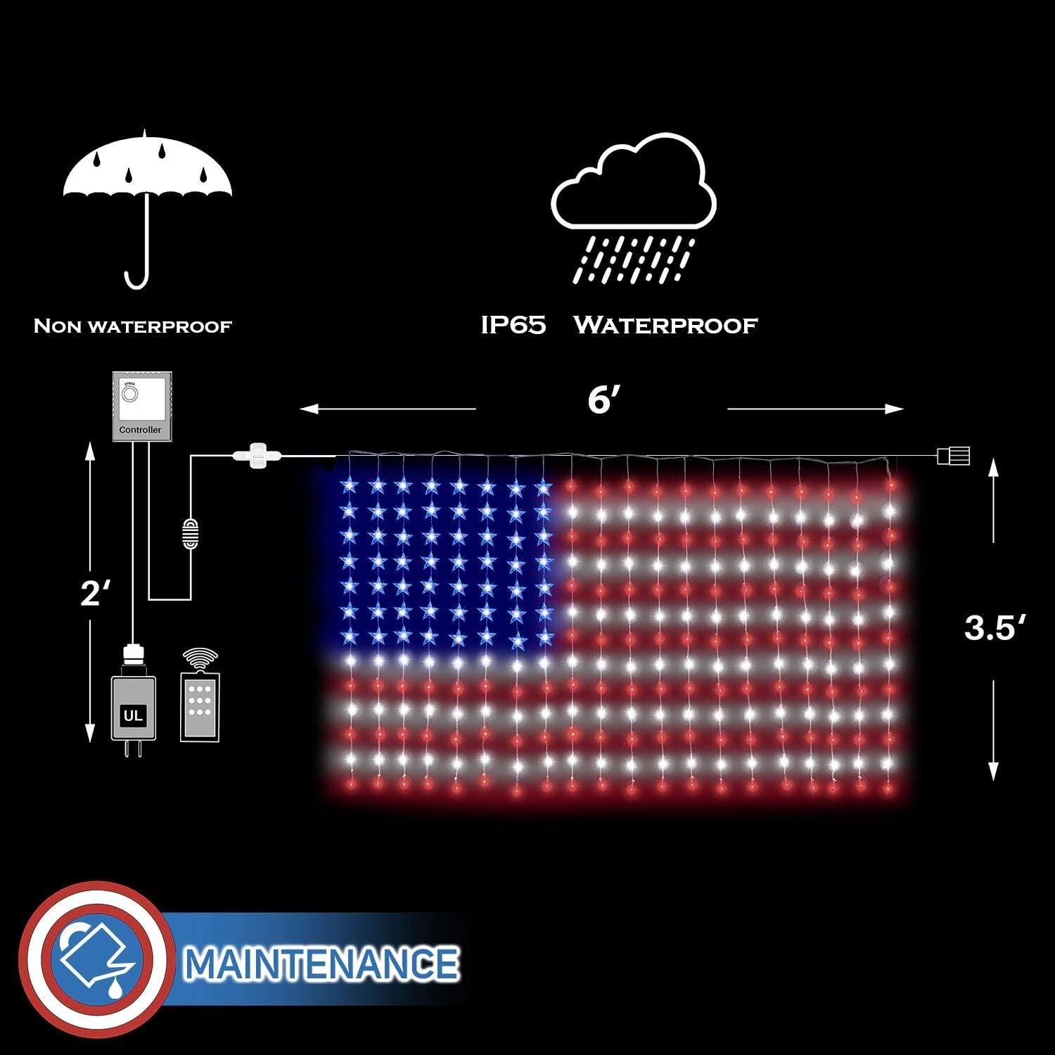 Festive 260 LED American Flag Curtain Lights - Ideal for Patriotic Celebrations