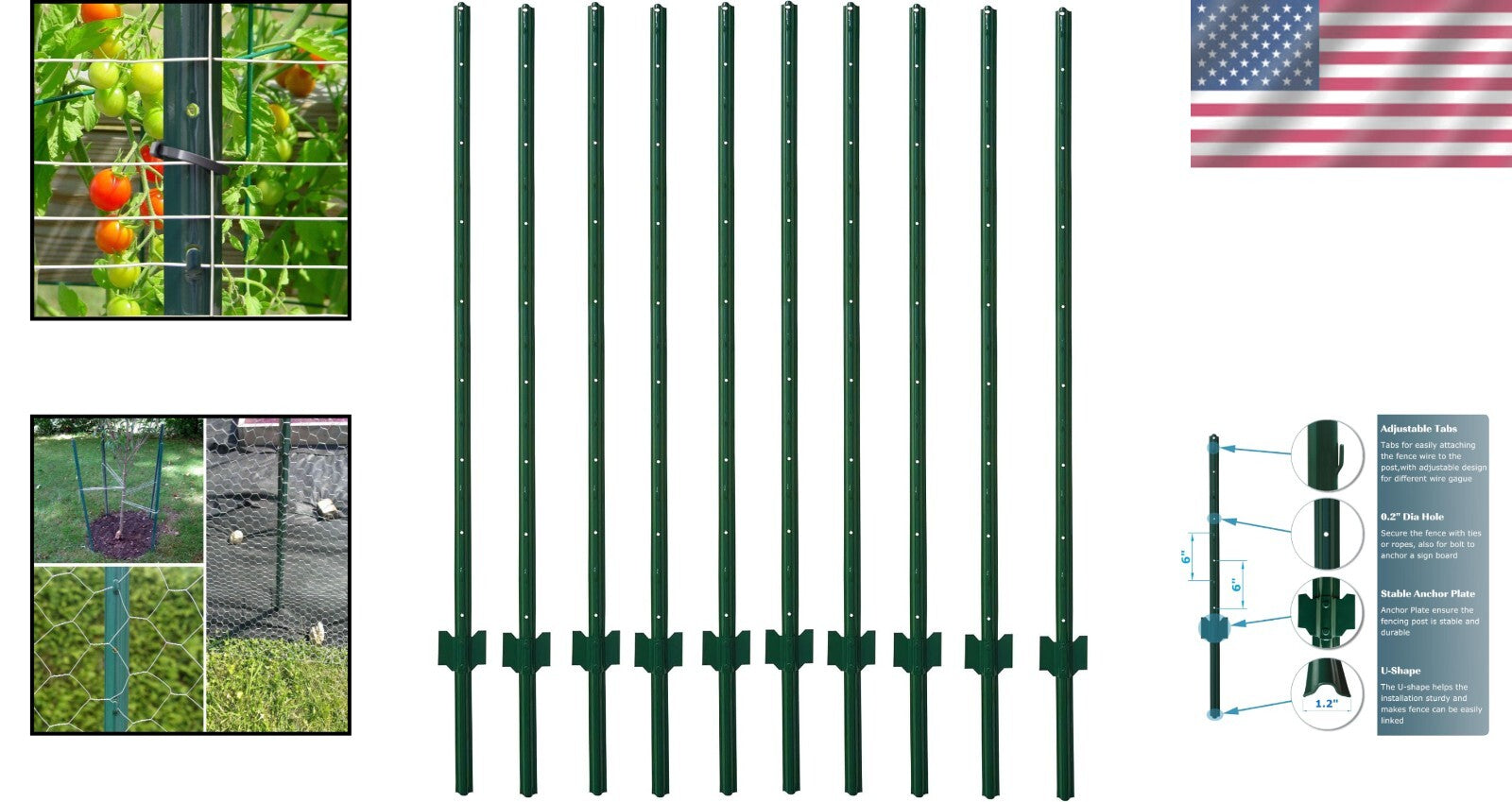 Durable 3-Foot Powder Coated Green Steel Fence Post - 10 Pack for Garden Fencing