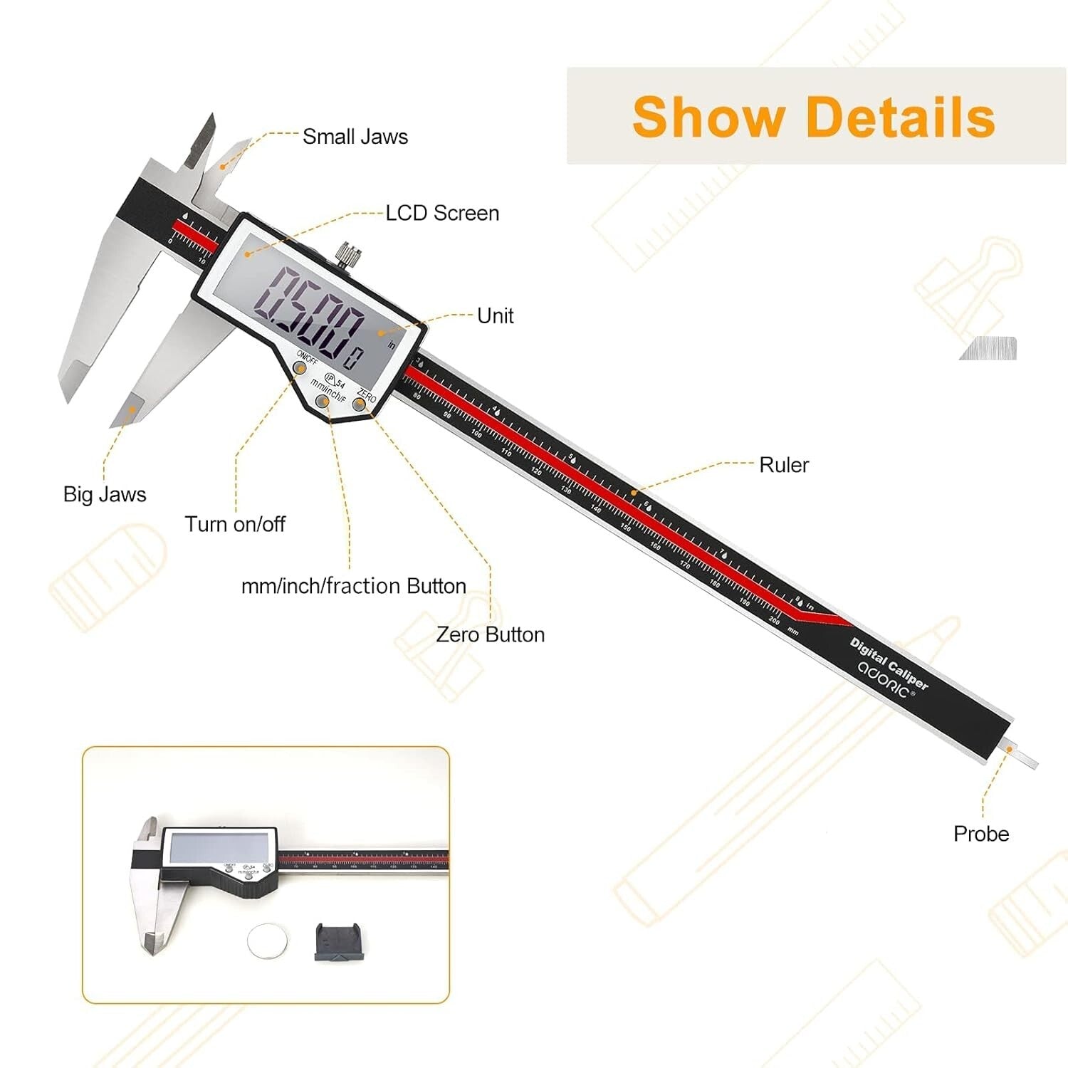 8-Inch Stainless Steel Digital Caliper - Extreme Accuracy with Large LCD Display
