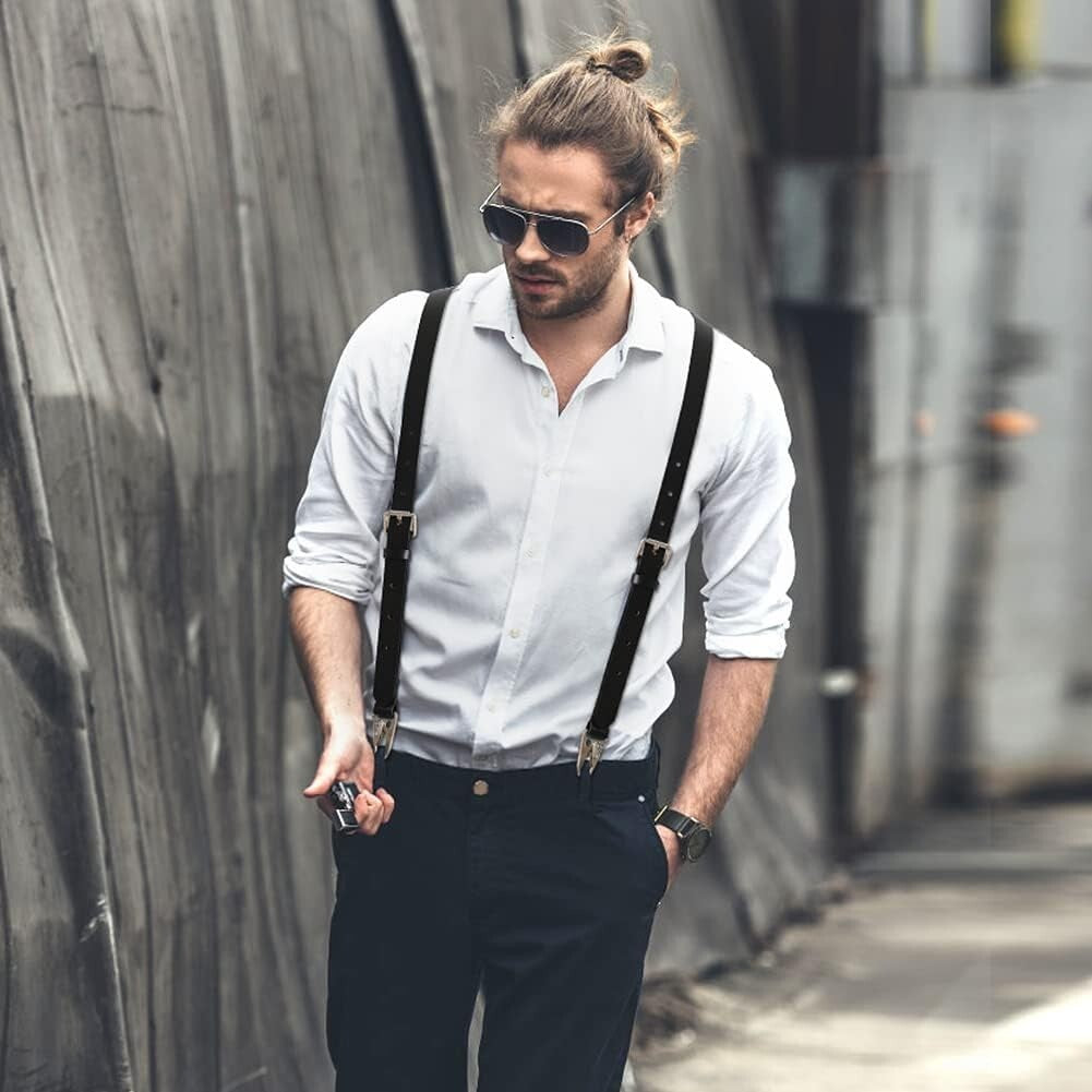 Classic Black Leather Suspenders for Men - Elegant Y Design, 8 Adjustable Sizes