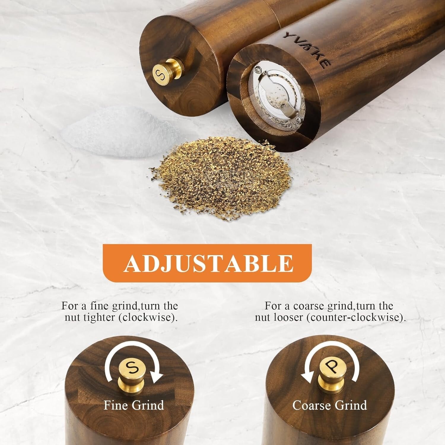 8-Inch Manual Salt and Pepper Grinders - Adjustable Coarseness & Natural Wood