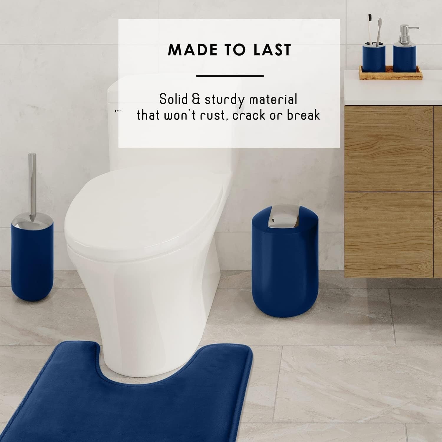Elegant Navy Blue Bathroom Set with Rug, Shower Curtain & Accessory Essentials