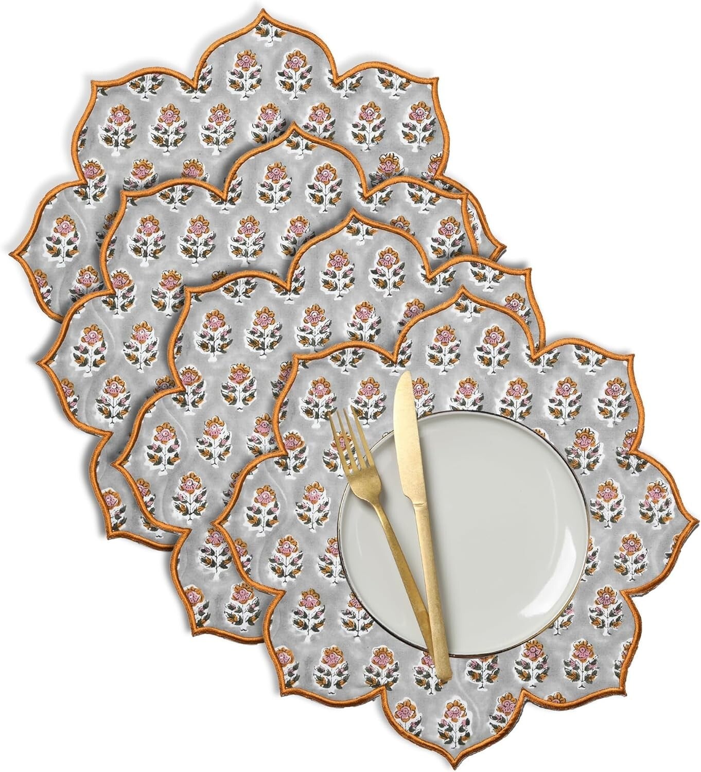 Set of 4 Cotton Block Printed Flower Placemats - Versatile Round Table Mats