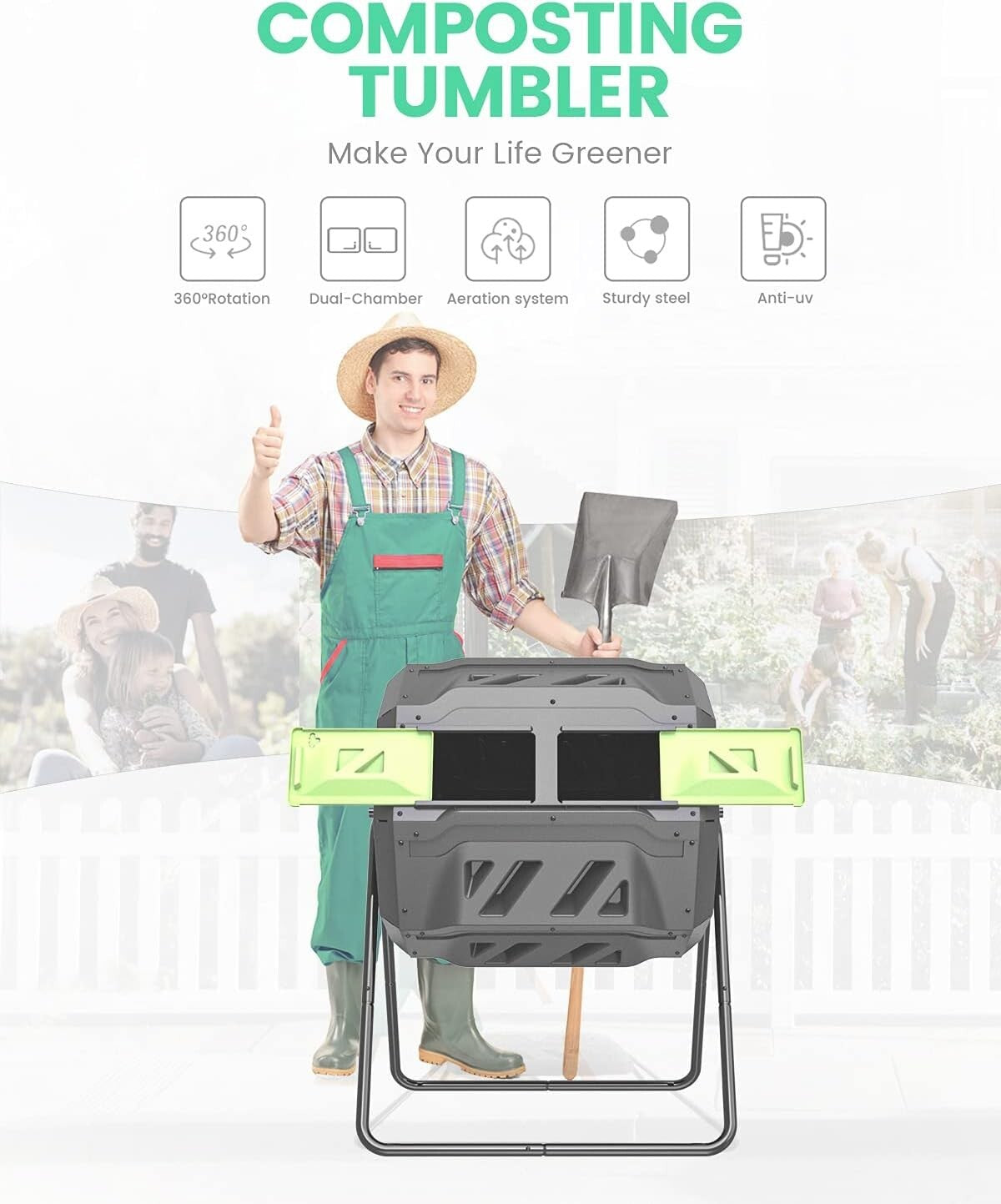 Advanced Dual Chamber Composter - 43 Gallon Tumbler with Convenient Access