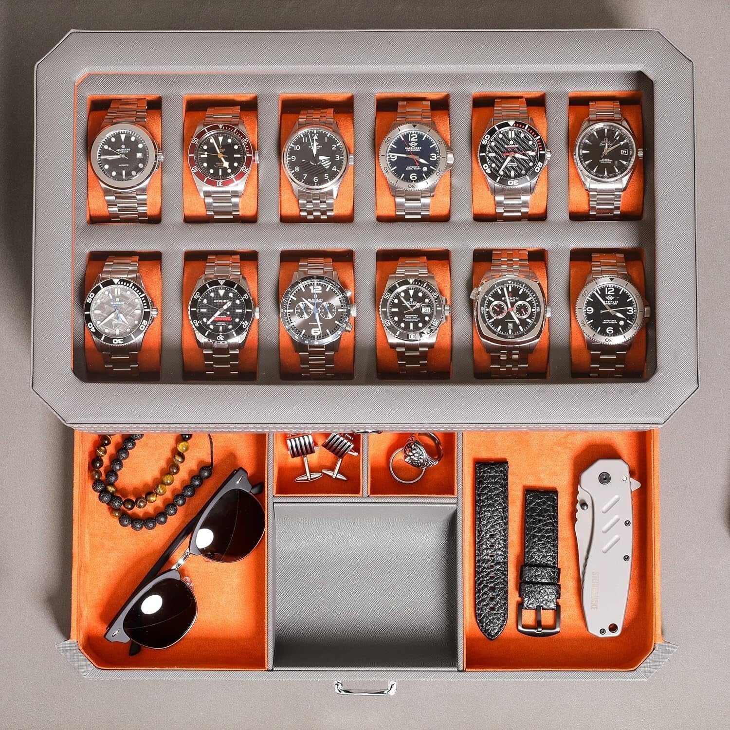 12 Slot Luxury Leather Watch Box with Valet Drawer - Elegant Storage Organizer