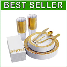 Load image into Gallery viewer, Complete Gold Lace 175 Ct Dinnerware Set - Perfect for Weddings &amp; Celebrations
