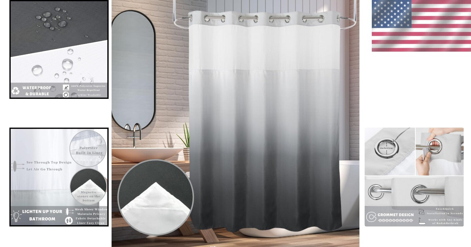 Elegant Gradient Grey Waterproof Shower Curtain with Snap Liner - 71" W x 74" L