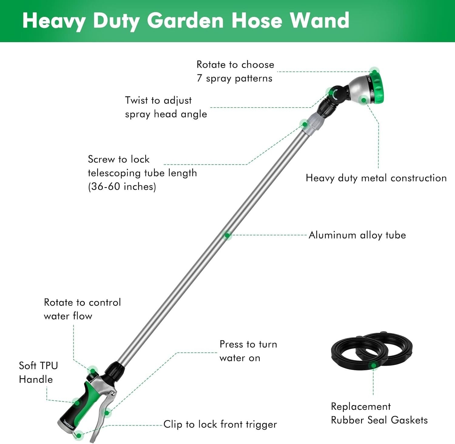 36”-60” Adjustable Metal Watering Wand with 7 Spray Patterns & Flow Control
