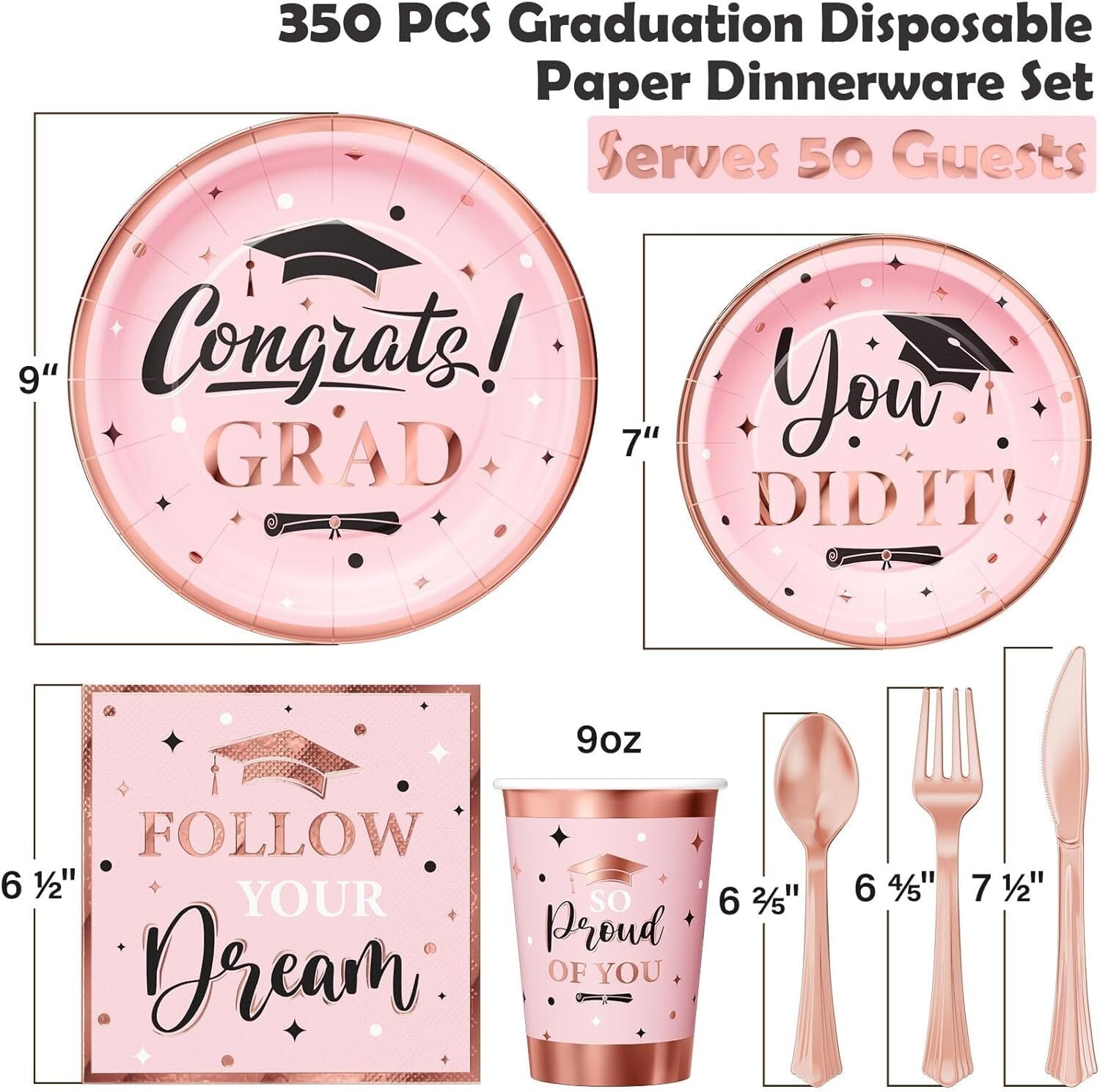 350 PCS Pink Graduation Supplies with Stylish Plates, Cups & Cutlery - Serves 50