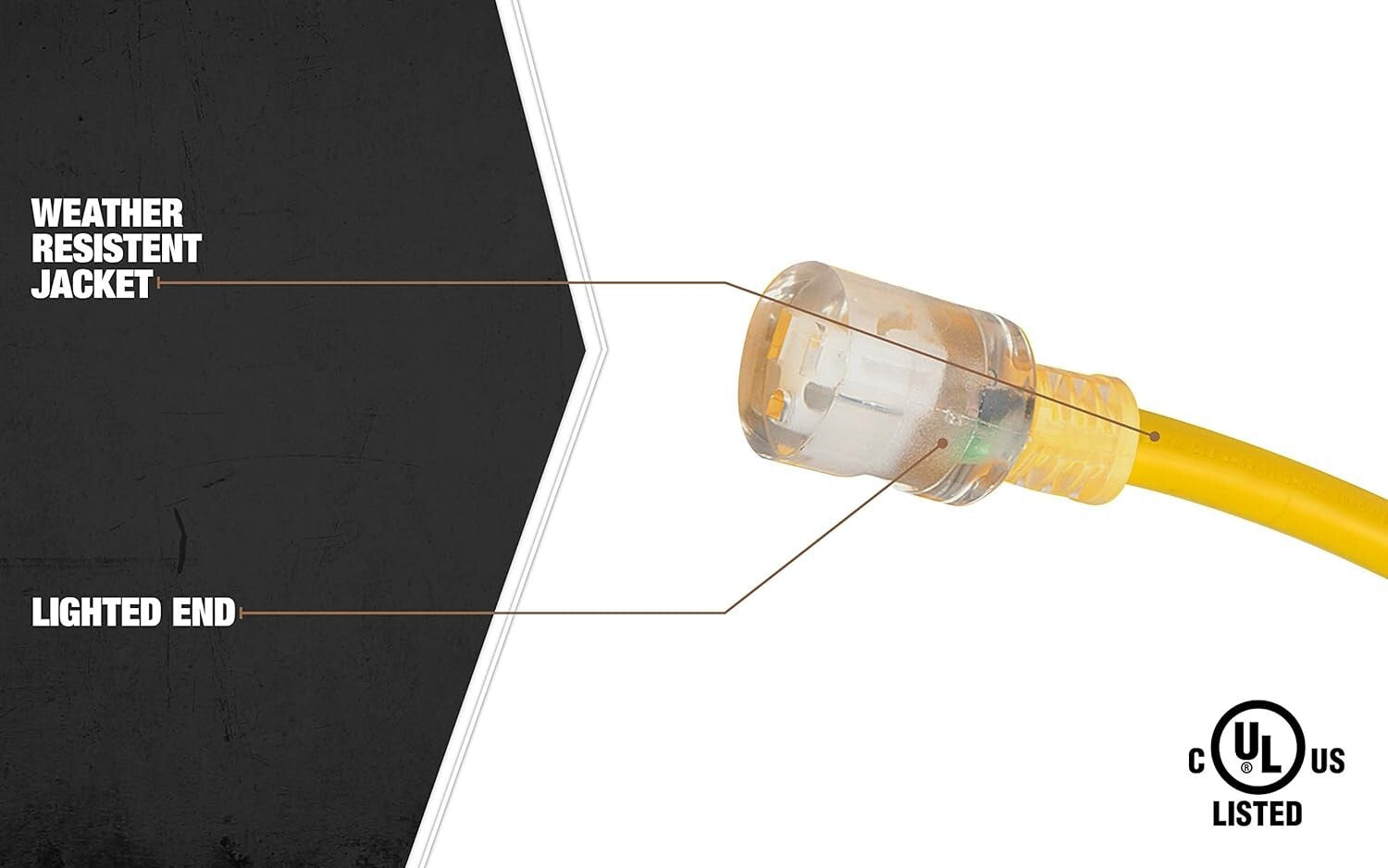 100Ft Outdoor Yellow Extension Cord, 10 Gauge with Strain Relief - High Capacity