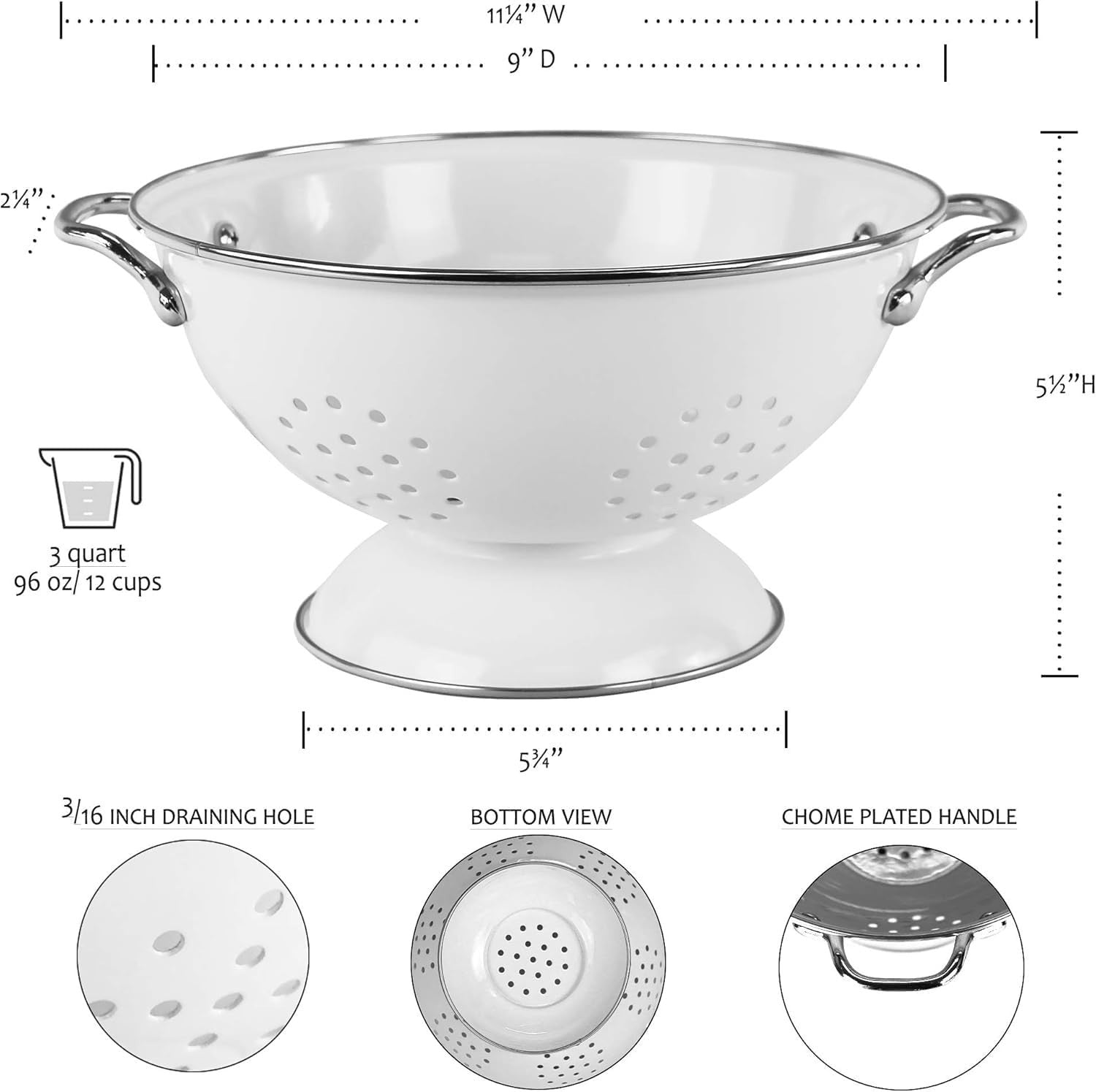 Art Deco 3 Quart Powder Coated Colander - Elegant Kitchen Essential in White