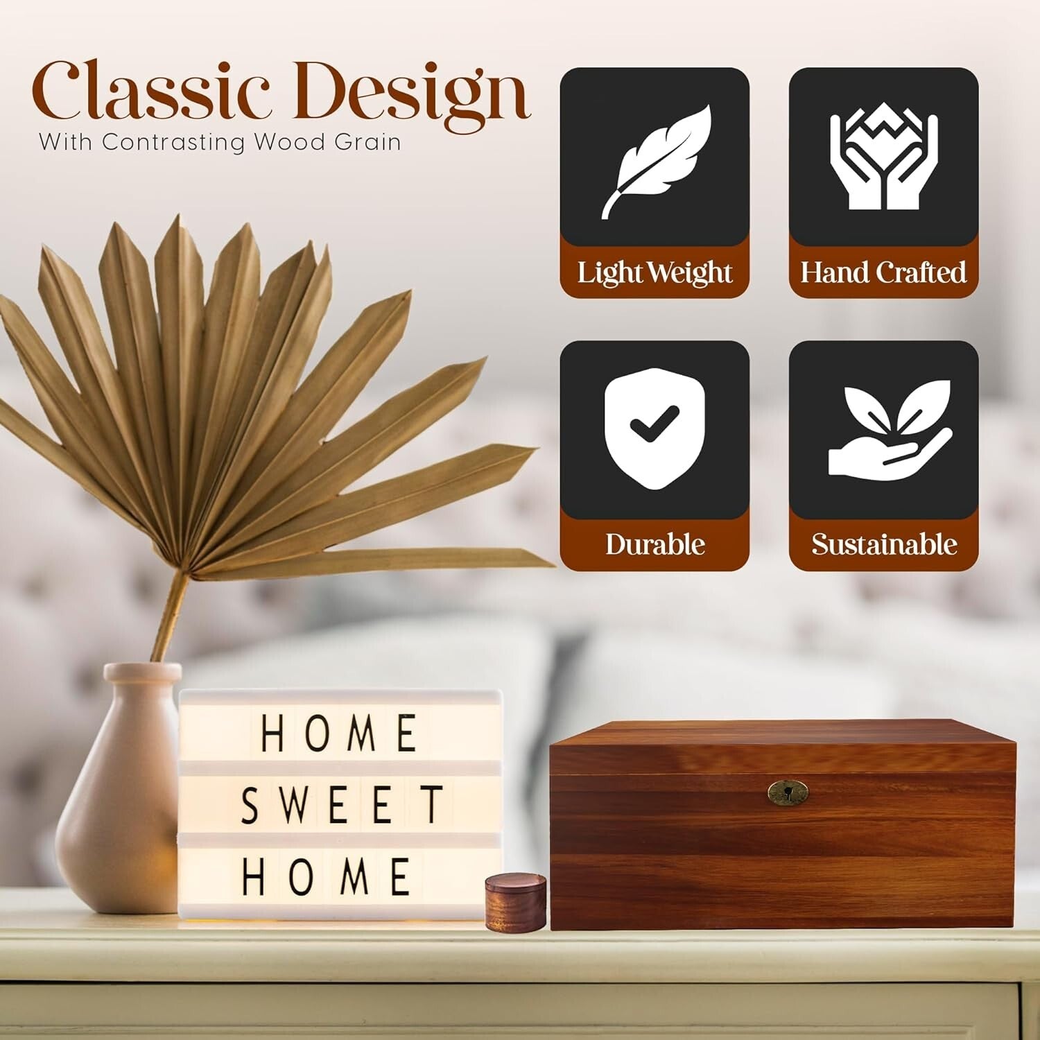 Decorative Lockable Memory Box - Solid Walnut Finish, 6L Storage Volume