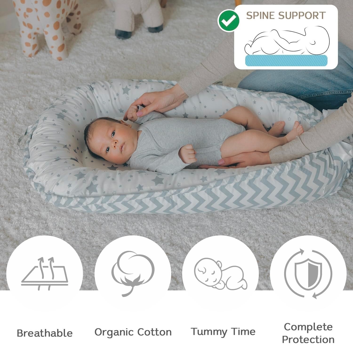 Adjustable Ergonomic Baby Lounger - Organic Cotton Nest for Secure Baby Support