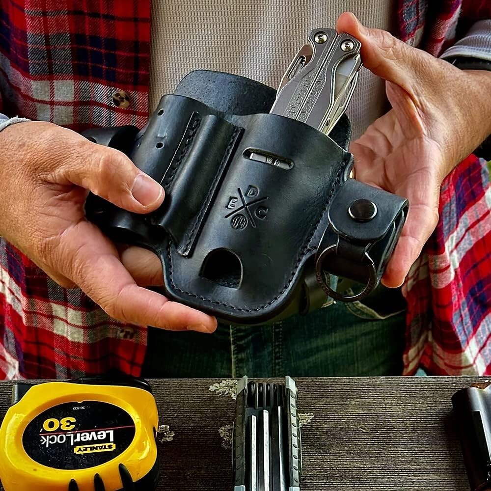 Chestnut Leather EDC Organizer - Two-Pocket Multitool Sheath for Easy Carry