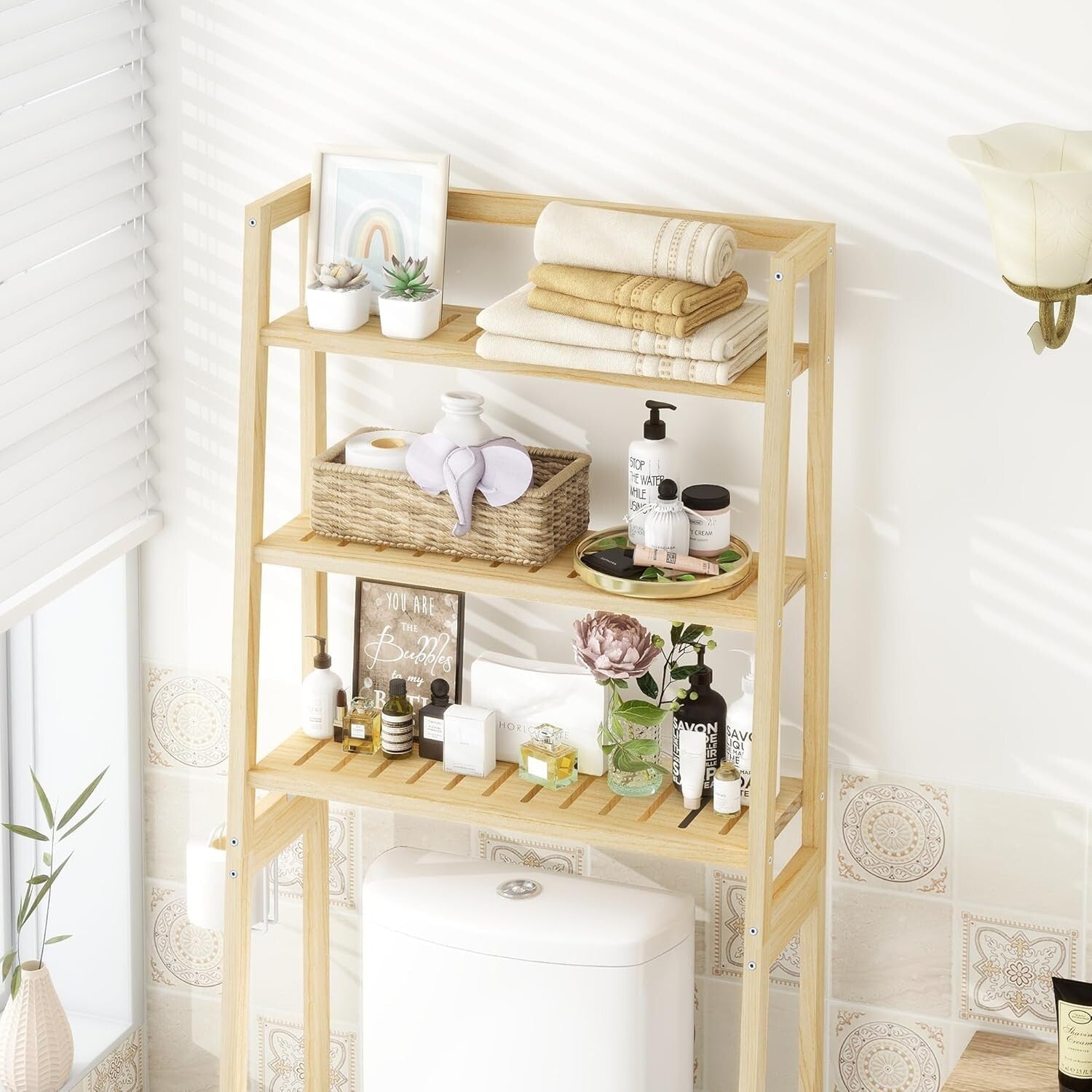 Freestanding Wooden Over-The-Toilet Rack with Adjustable Height & Durable Design