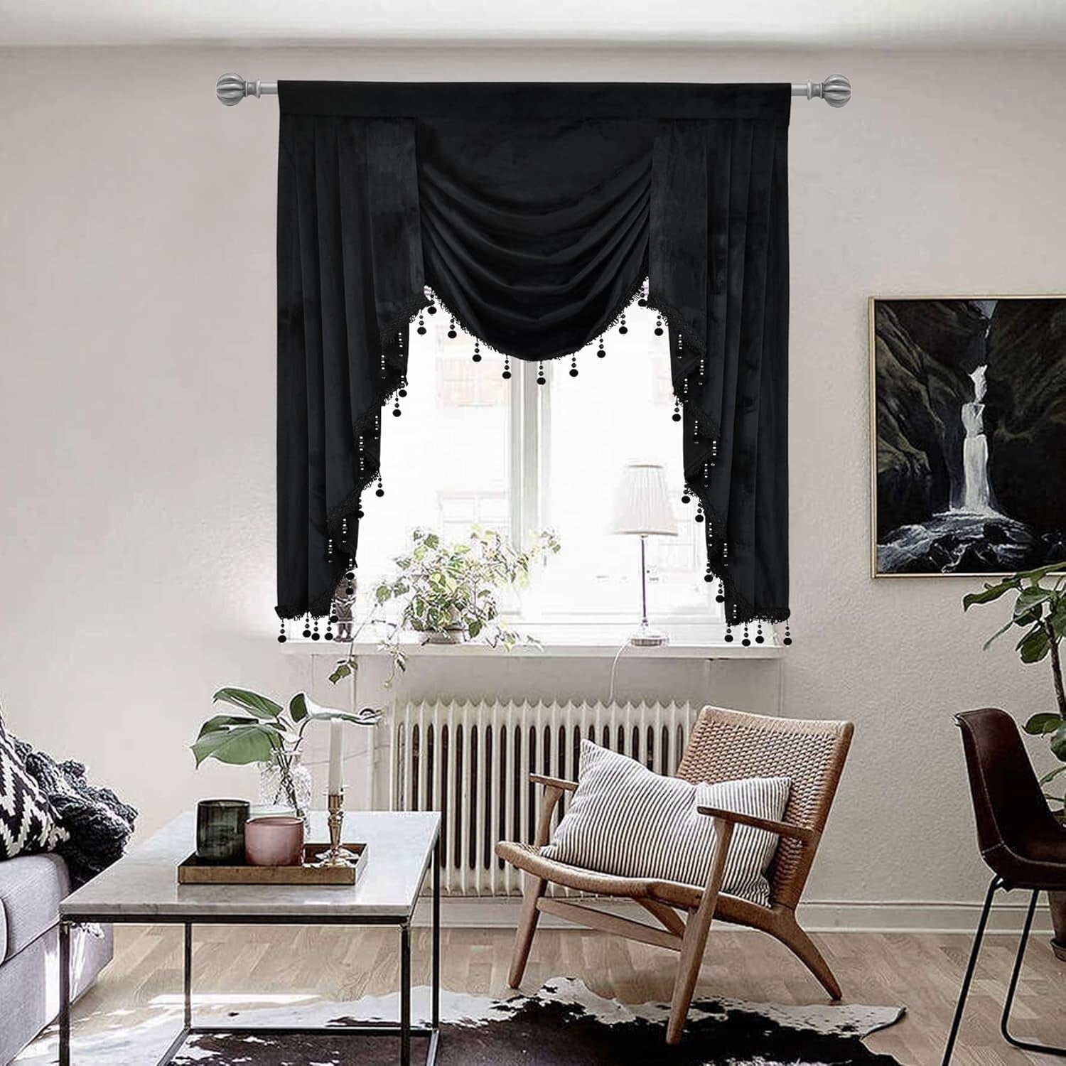 Elegant Black Velvet Rod Pocket Valance, 39" x 48" - Luxurious Window Treatment