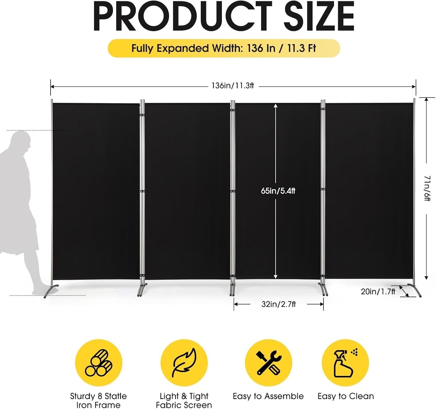 6ft Tall Black Folding Room Divider - Durable Privacy Screen for Home & Office