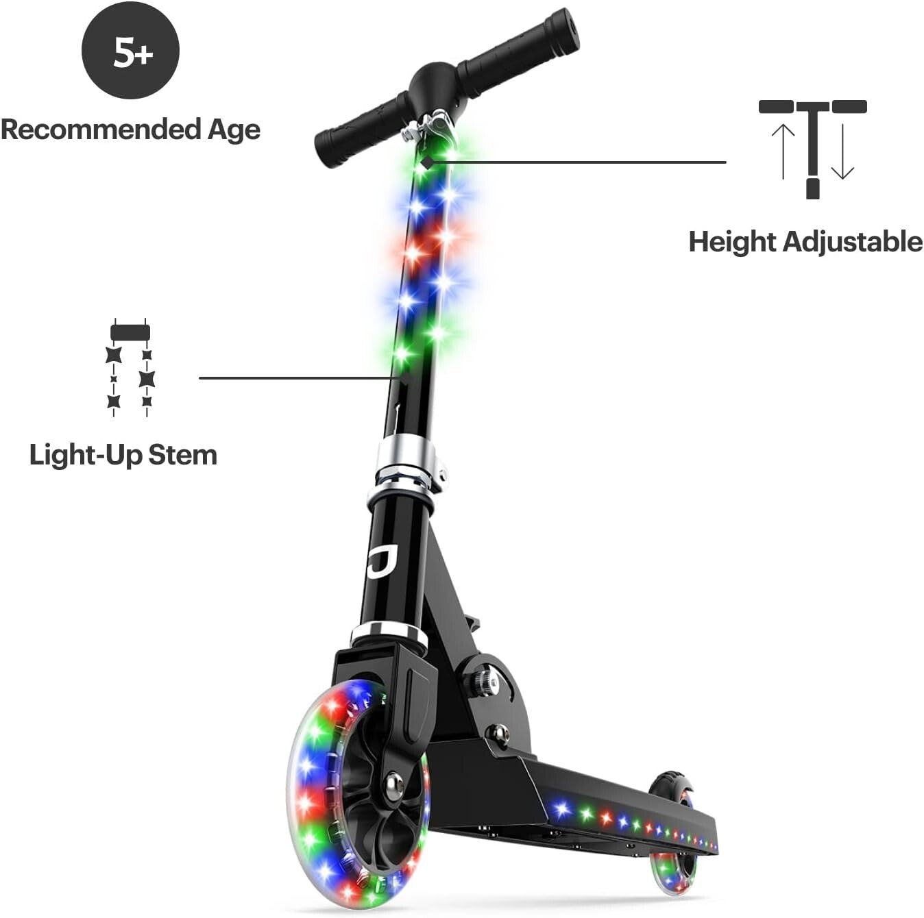 Foldable Light-Up Kick Scooter for Teens, Height-Adjustable with Rear Brake