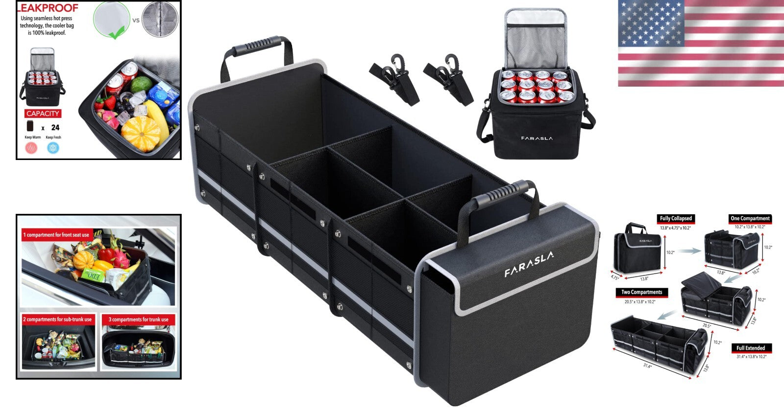 Durable Black Trunk Organizer with Adjustable Straps & Insulated Cooler Bag