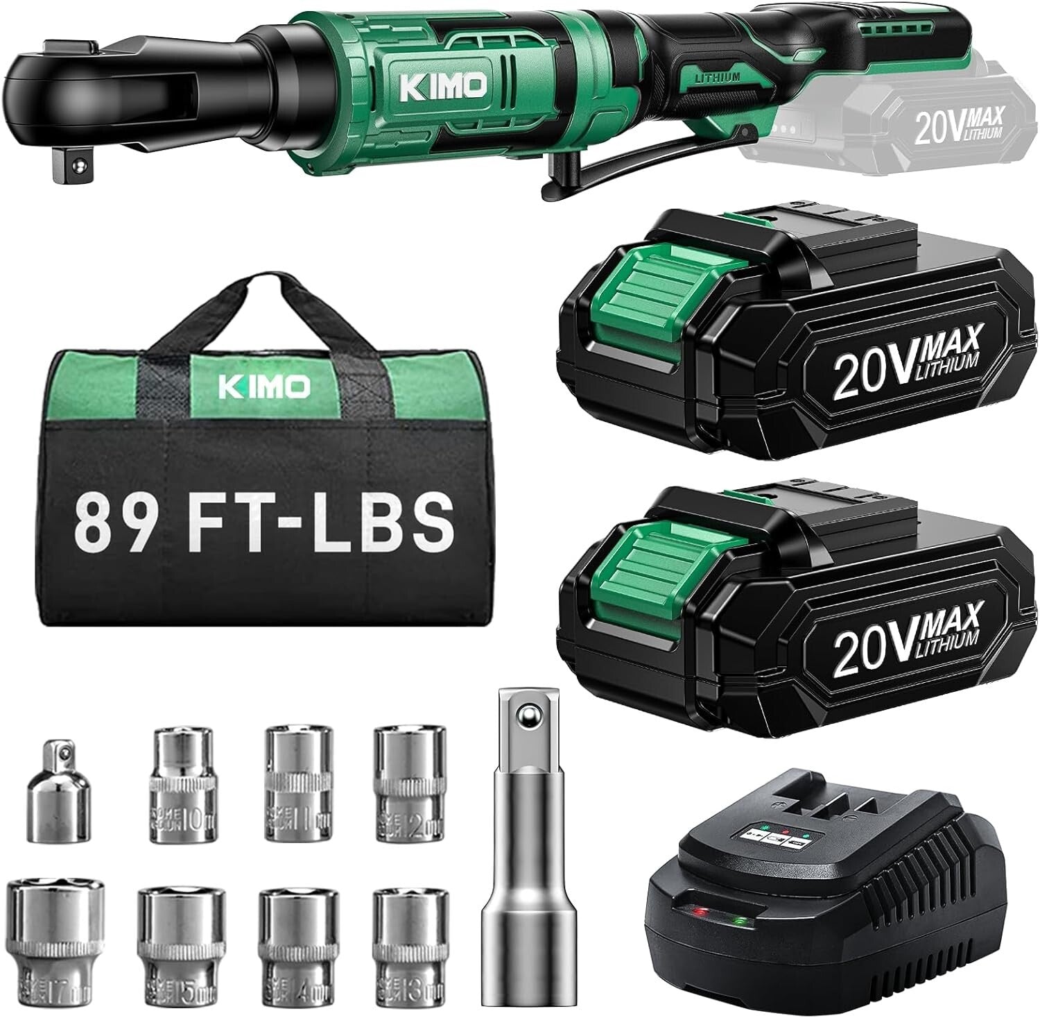 Versatile Cordless Ratchet Wrench 3/8" with Extension & Adapters - KIMO 20V Set