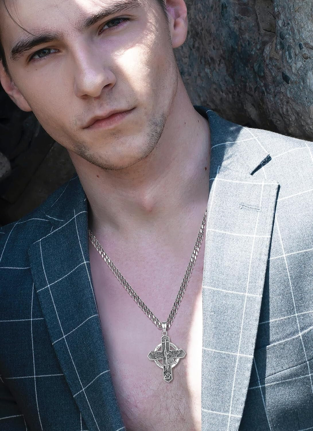 925 Sterling Silver St. Michael Cross Pendant with Cuban Chain - Spiritual Gift