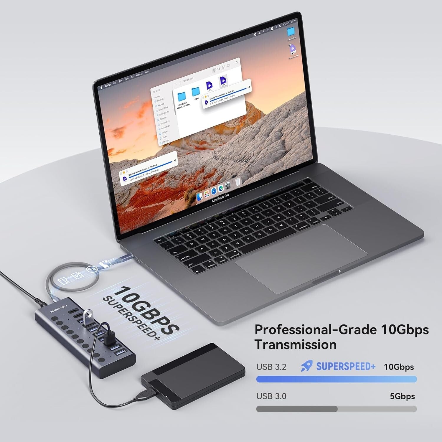 High-Speed USB 3.2 Hub: 10 Ports with Fast 10Gbps Data Transfer & Power Adapter