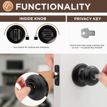 Load image into Gallery viewer, 6-Pack Matte Black Round Colonial Door Knobs with Privacy Locking Function