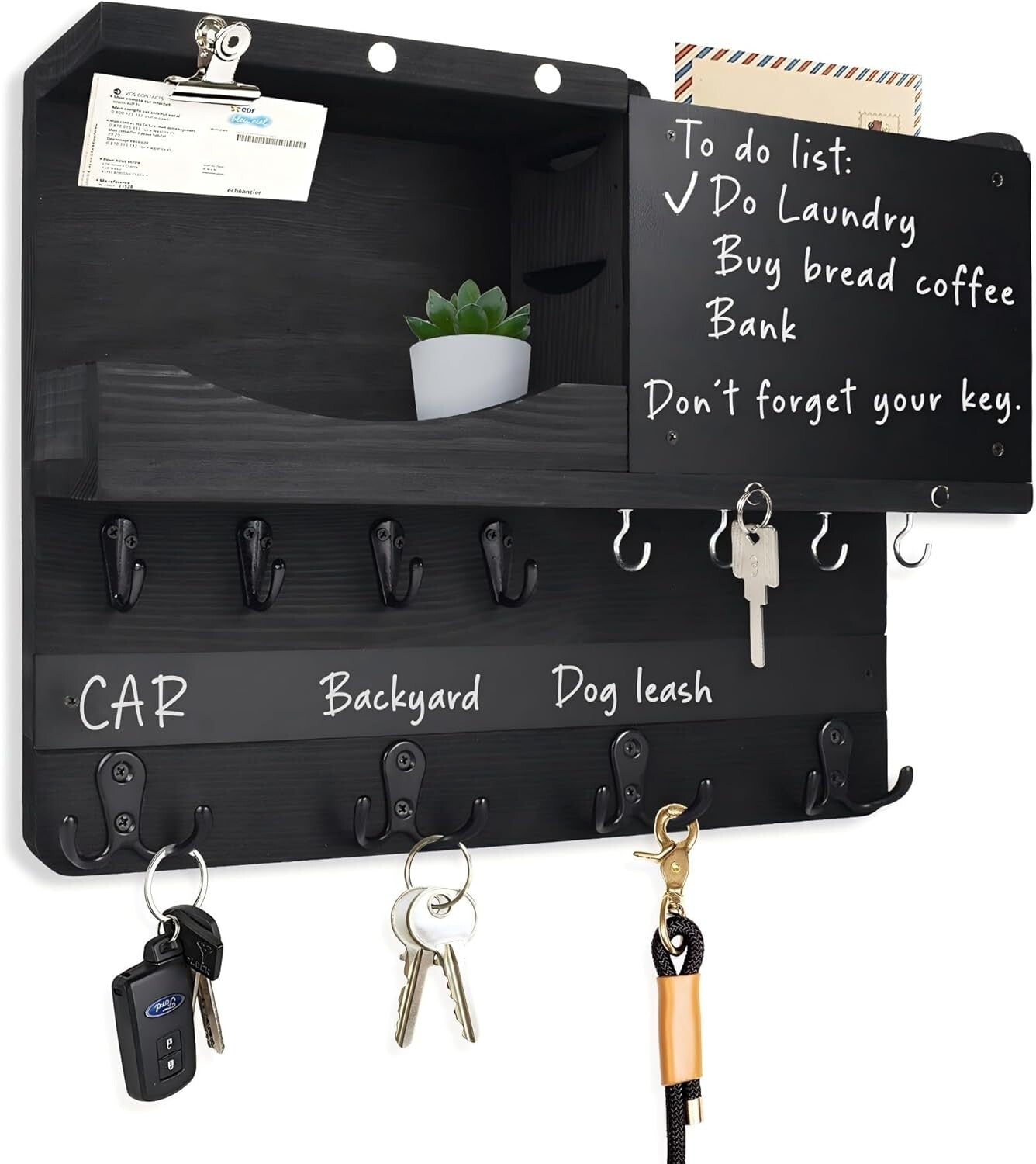 Antique Finish Key and Mail Holder with Chalkboard and Rustic Shelf Design