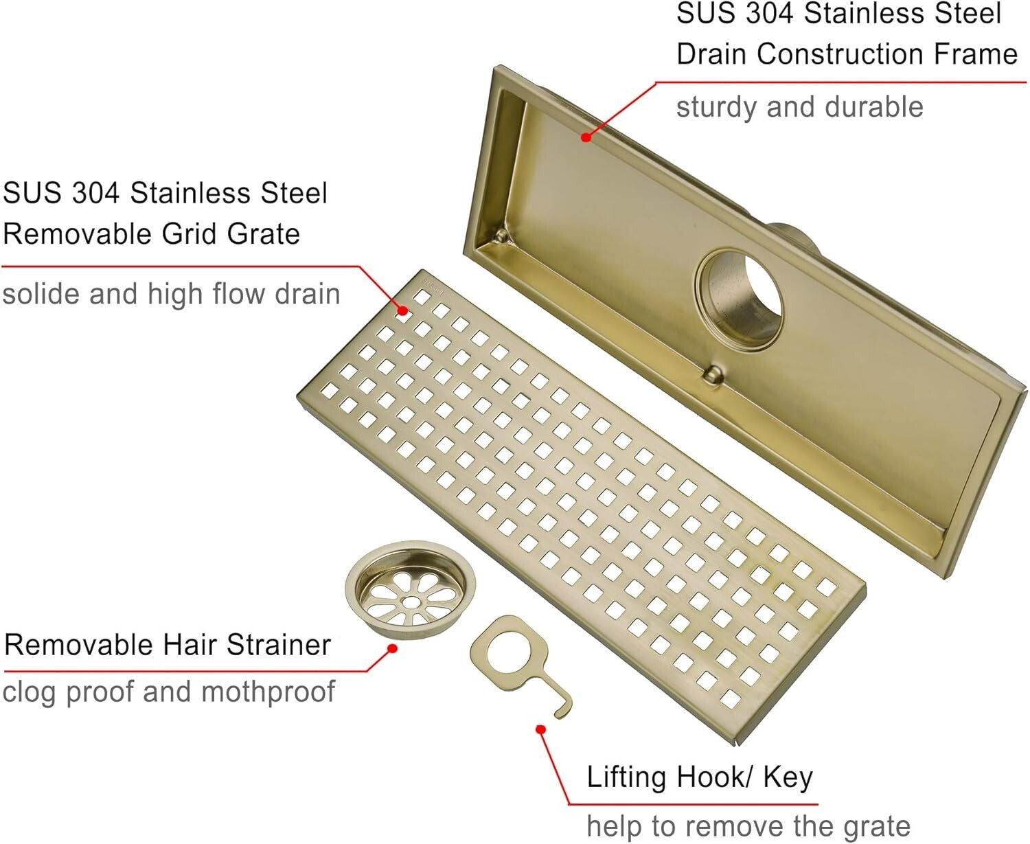 Durable 12 Inch Shower Drain in Brushed Gold - Rustproof Stainless Steel Design
