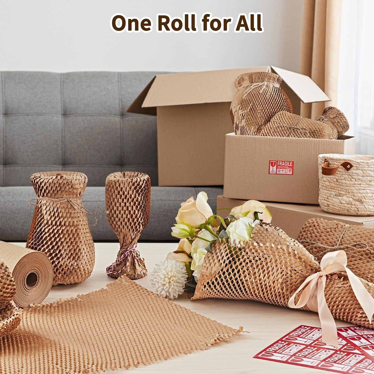 15''x400' Honeycomb Wrap with 30 Fragile Labels - Ideal for Shipping & Gifts