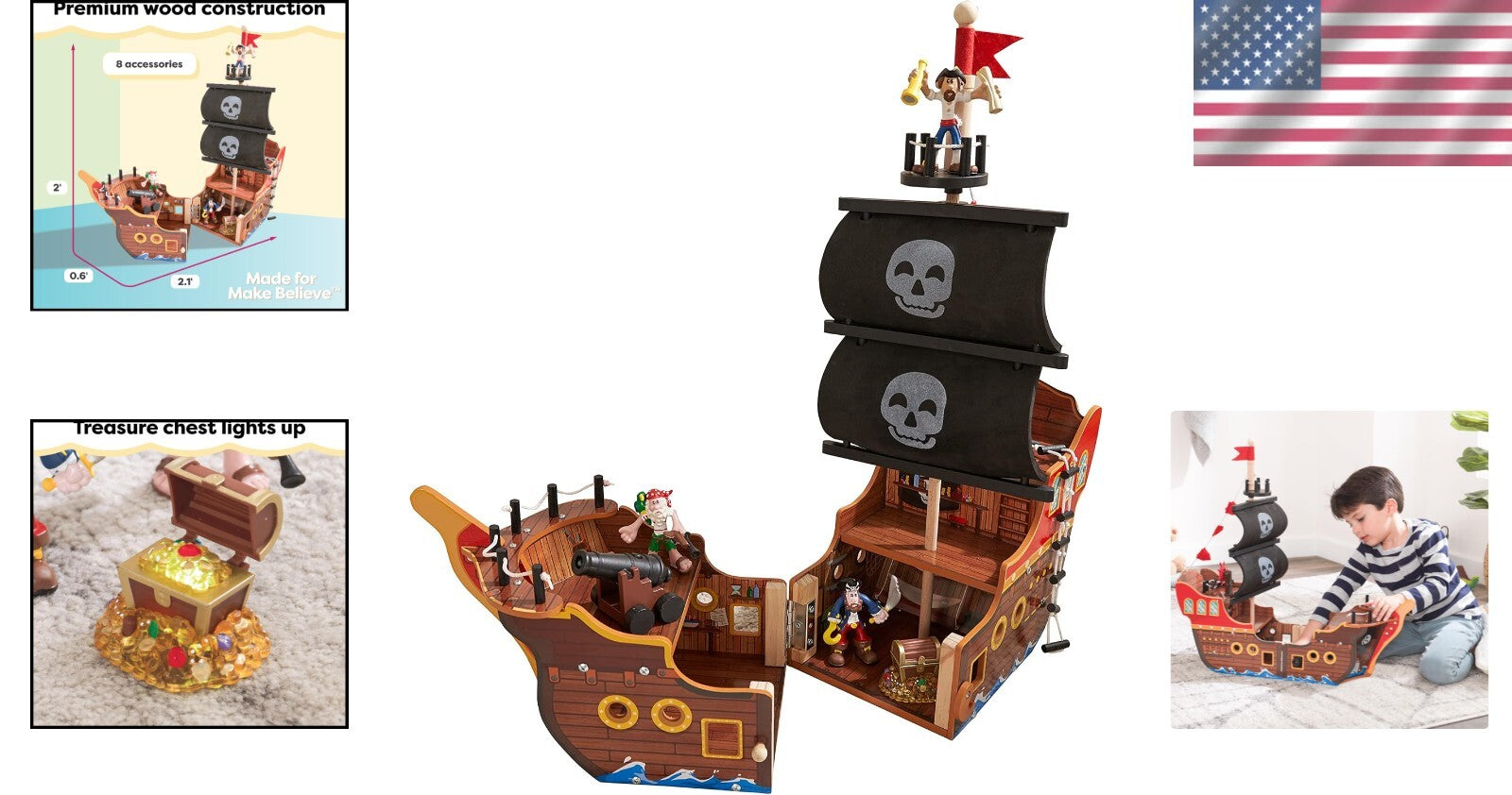 3-Level Wooden Pirate Ship Play Set with Realistic Lights & Sounds for Kids