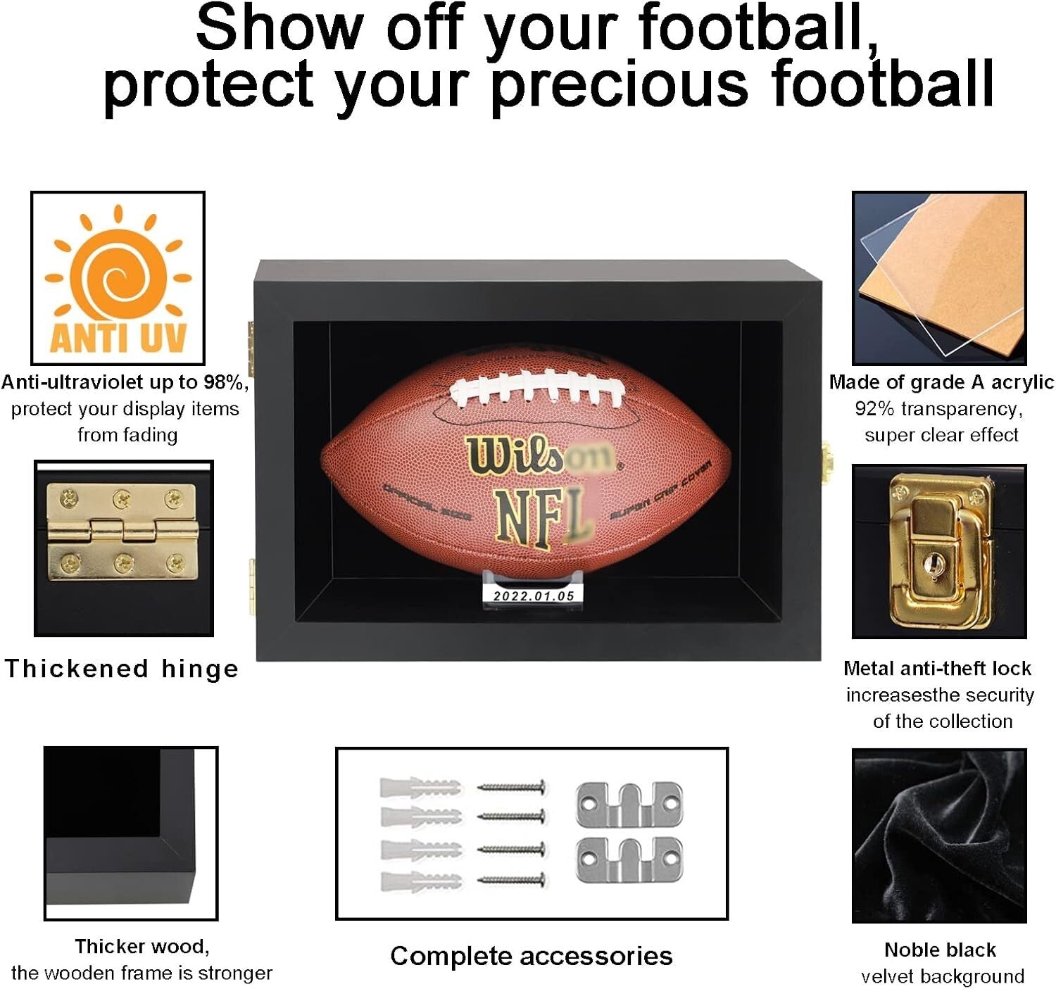 Elegant Wall-Mount Football Display Case with UV Protection - Black Wooden Box
