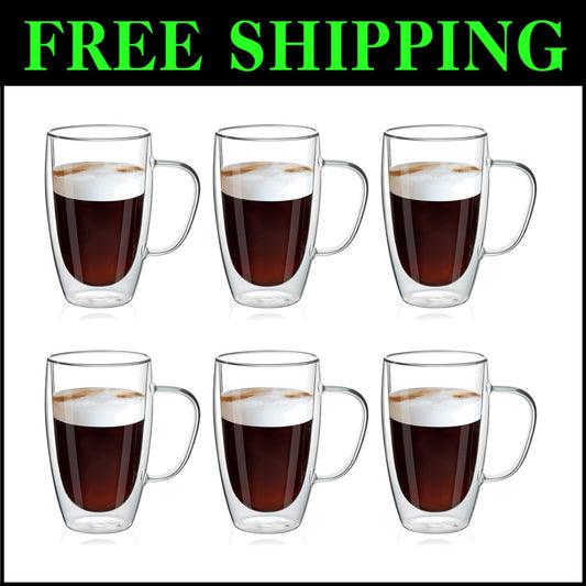 Durable Borosilicate Glass Coffee Mugs - 16oz Double Layer Insulation, 6 Pack