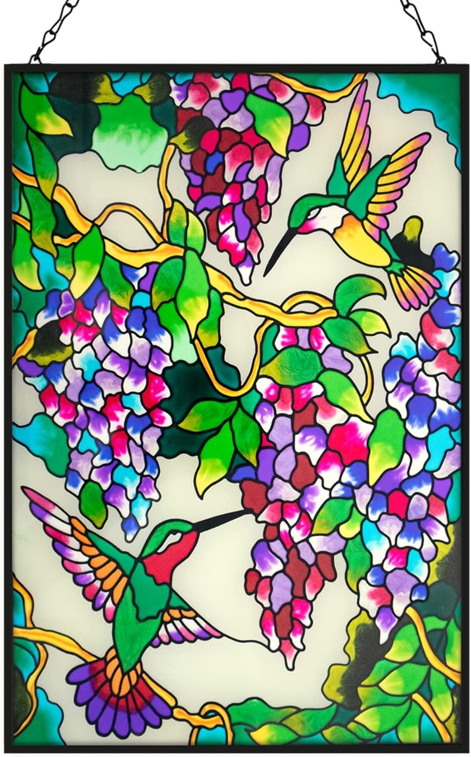 Unique 10" W x 15" H Hummingbird Stained Glass with Hanging Chain - Ideal Gift