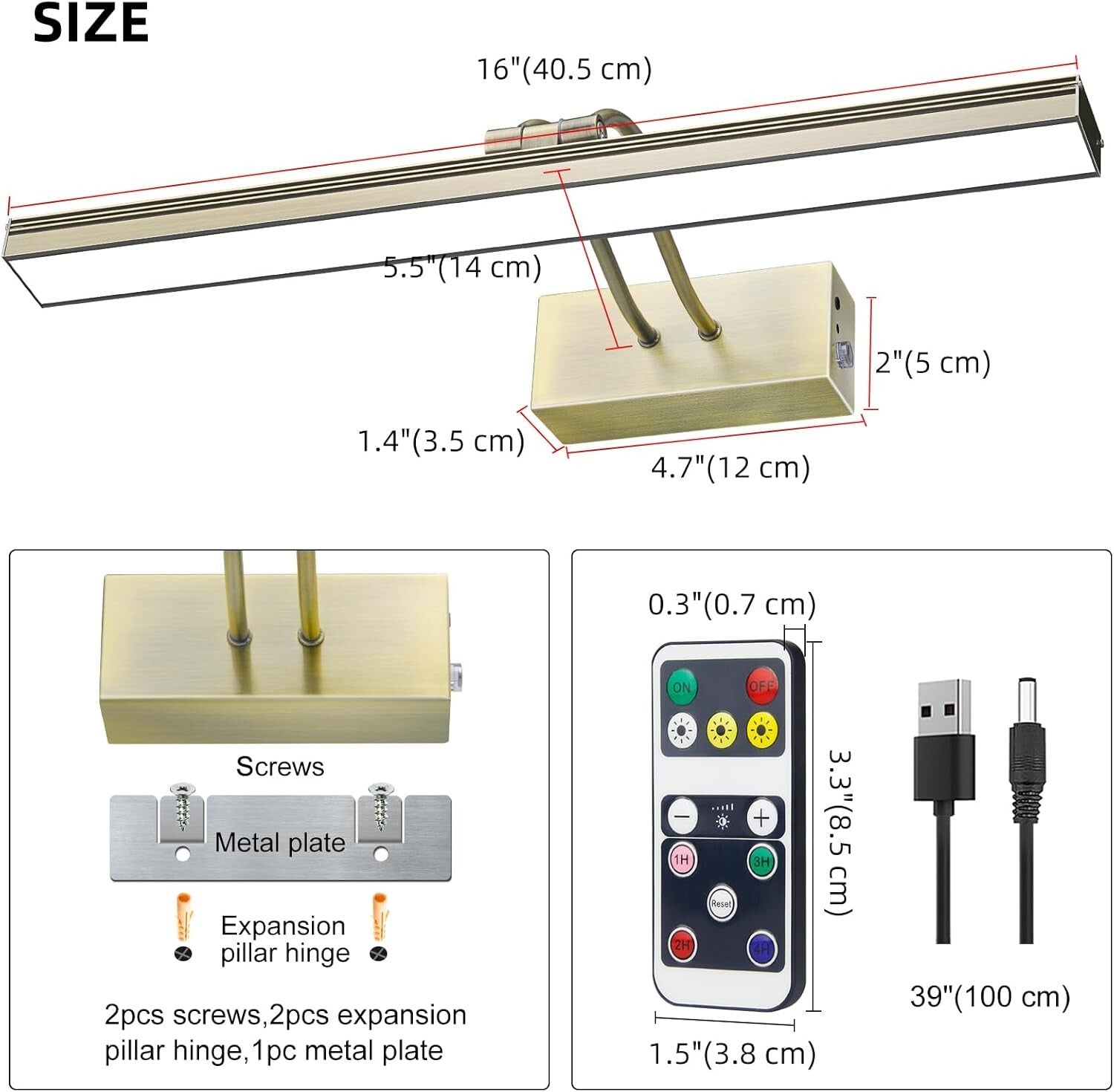 Elegant 16" Picture Light with Remote for Artwork, Adjustable & Timed in Brass
