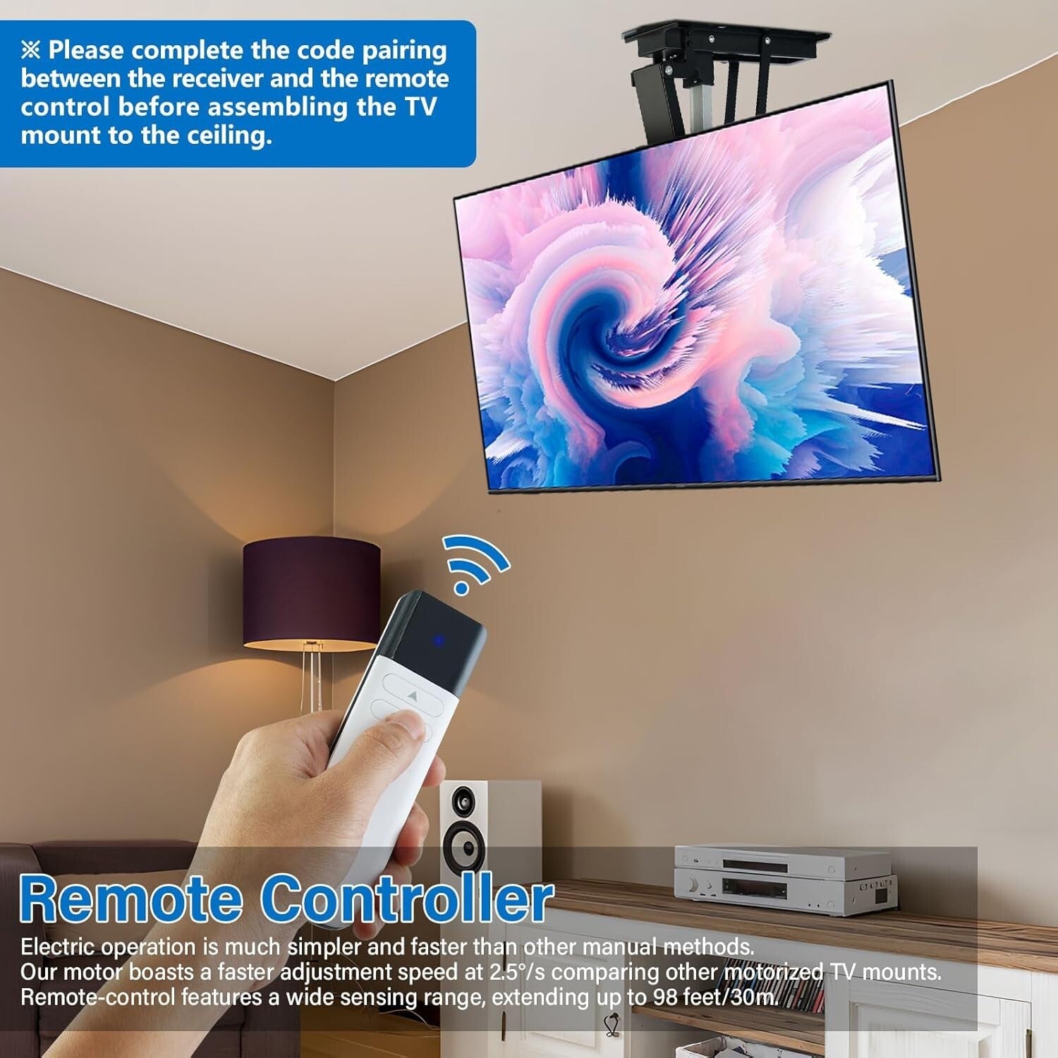 Electric Adjustable Ceiling TV Mount for 32-70 Inch TVs - Remote Control & Sp...