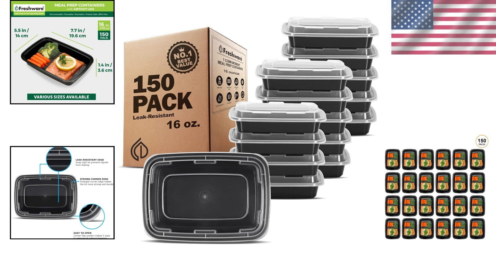 Airtight 1 Compartment Meal Prep Containers - 16oz Bento Box for Healthy Lunches