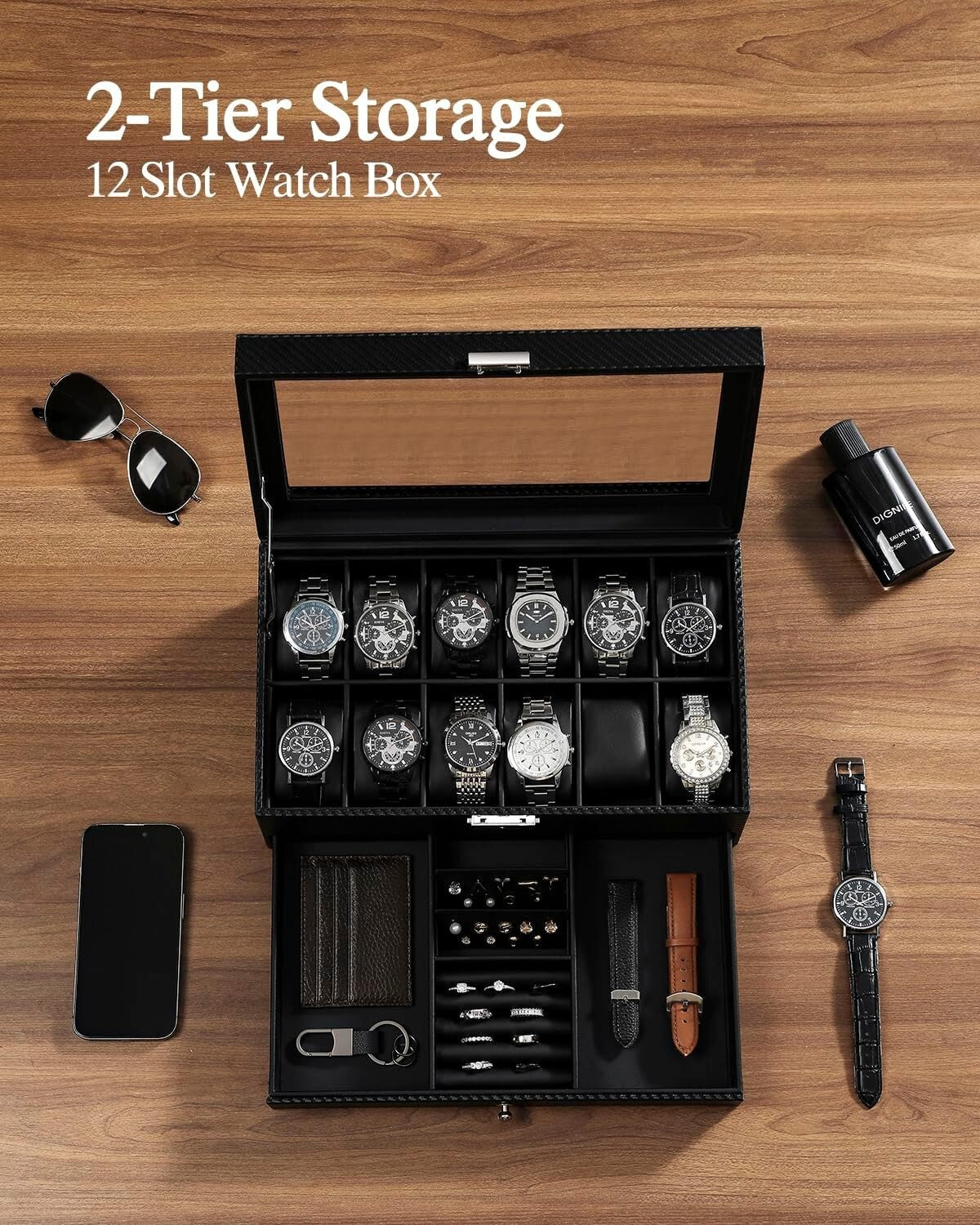 Luxury Faux Leather Watch Box – 12 Slots, Velvet Interior, Ideal Gift for Men