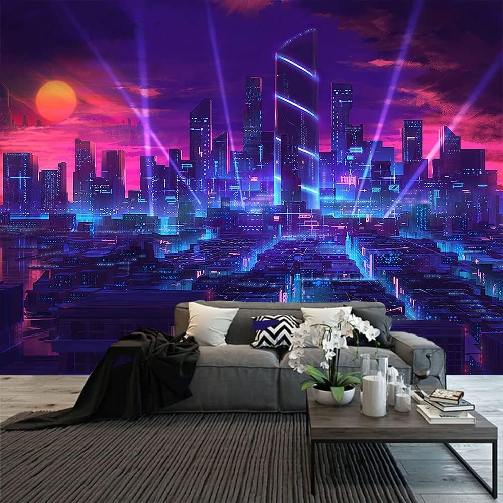 Customizable Large 108x90 In Neon Cityscape Tapestry for Bedroom & Living Room